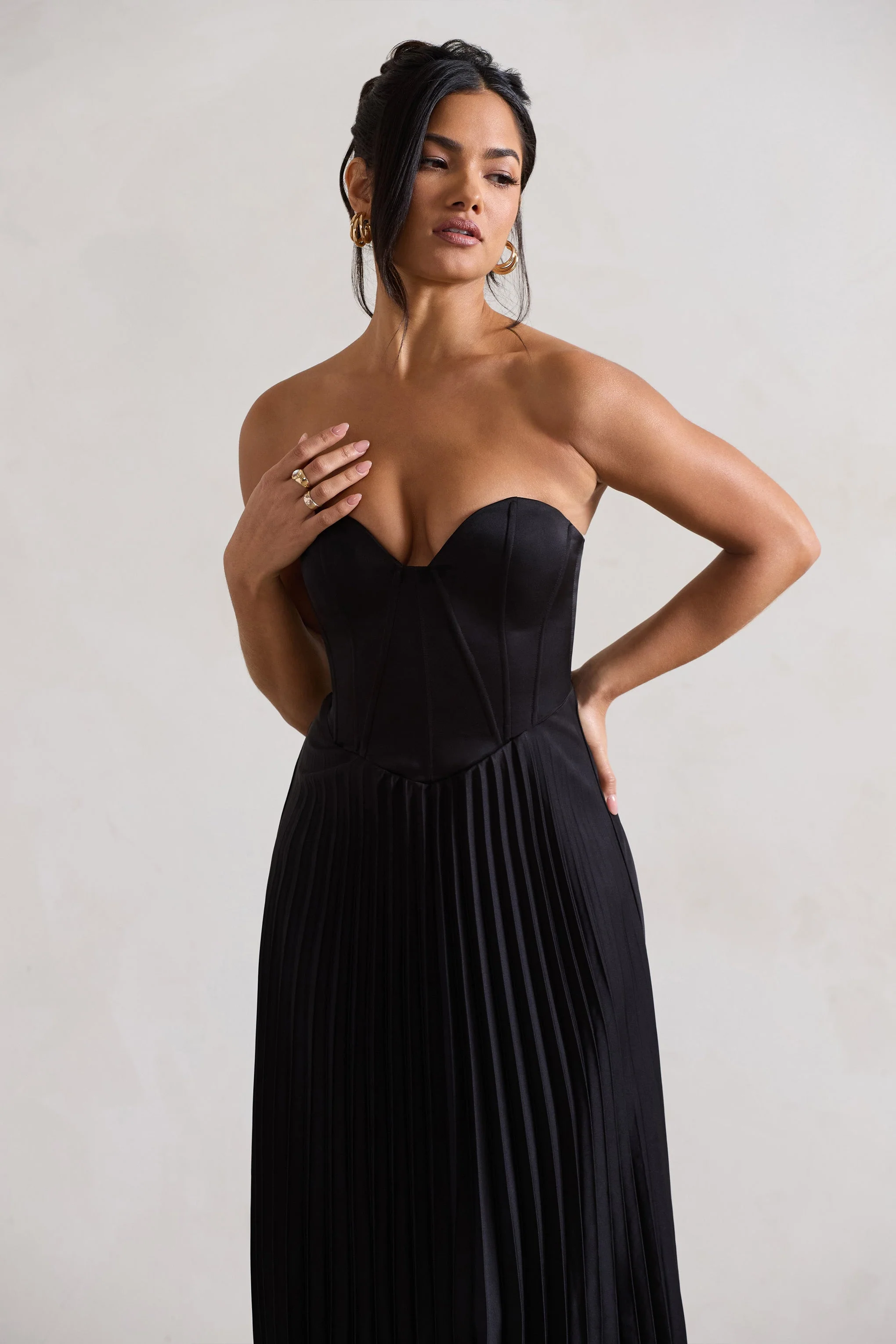 Bordeaux | Black Satin Corset Style Midi Dress - Image 3