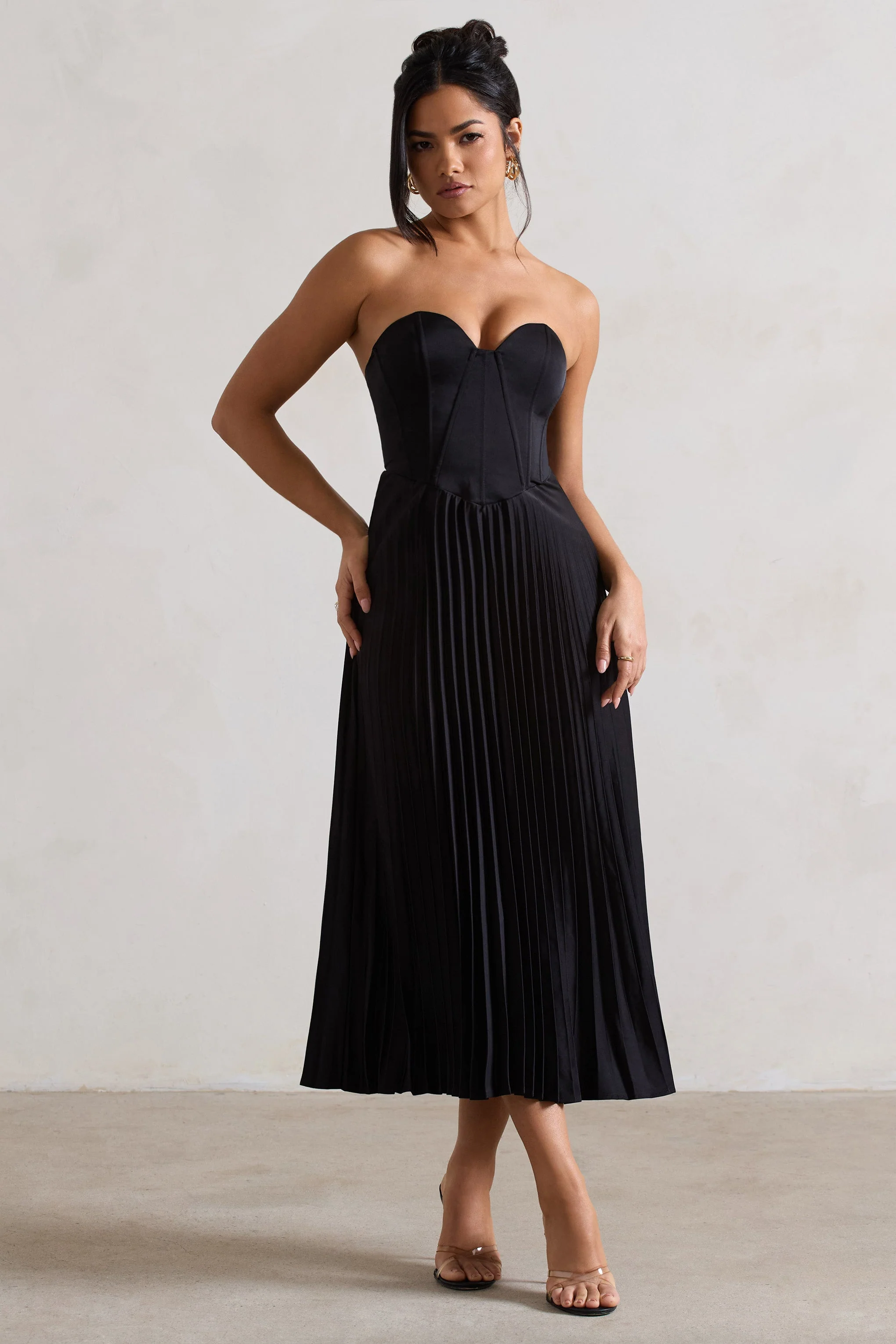 Bordeaux | Black Satin Corset Style Midi Dress - Image 4