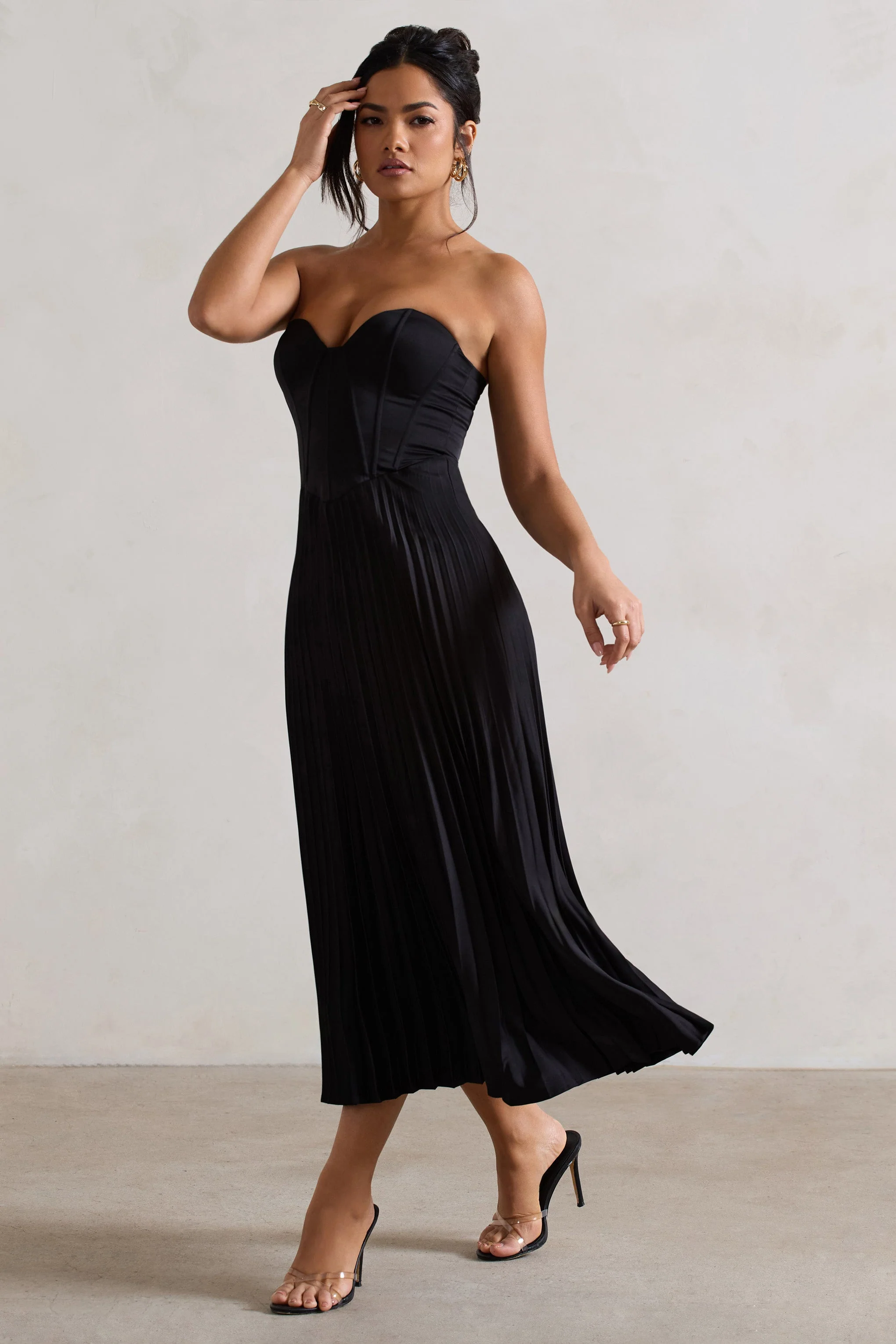 Bordeaux | Black Satin Corset Style Midi Dress - Image 5