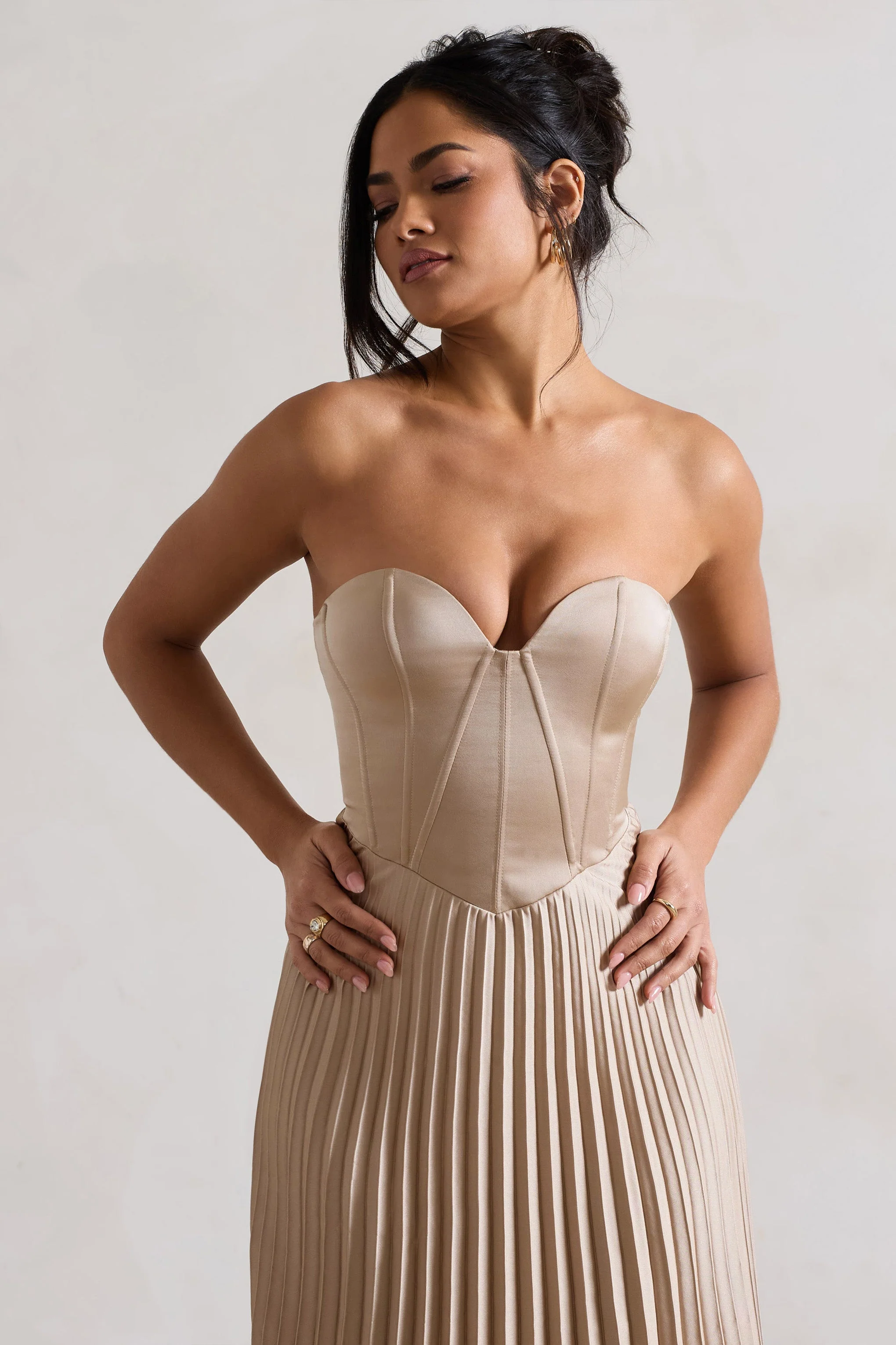 Bordeaux | Champagne Satin Corset Style Midi Dress - Image 3