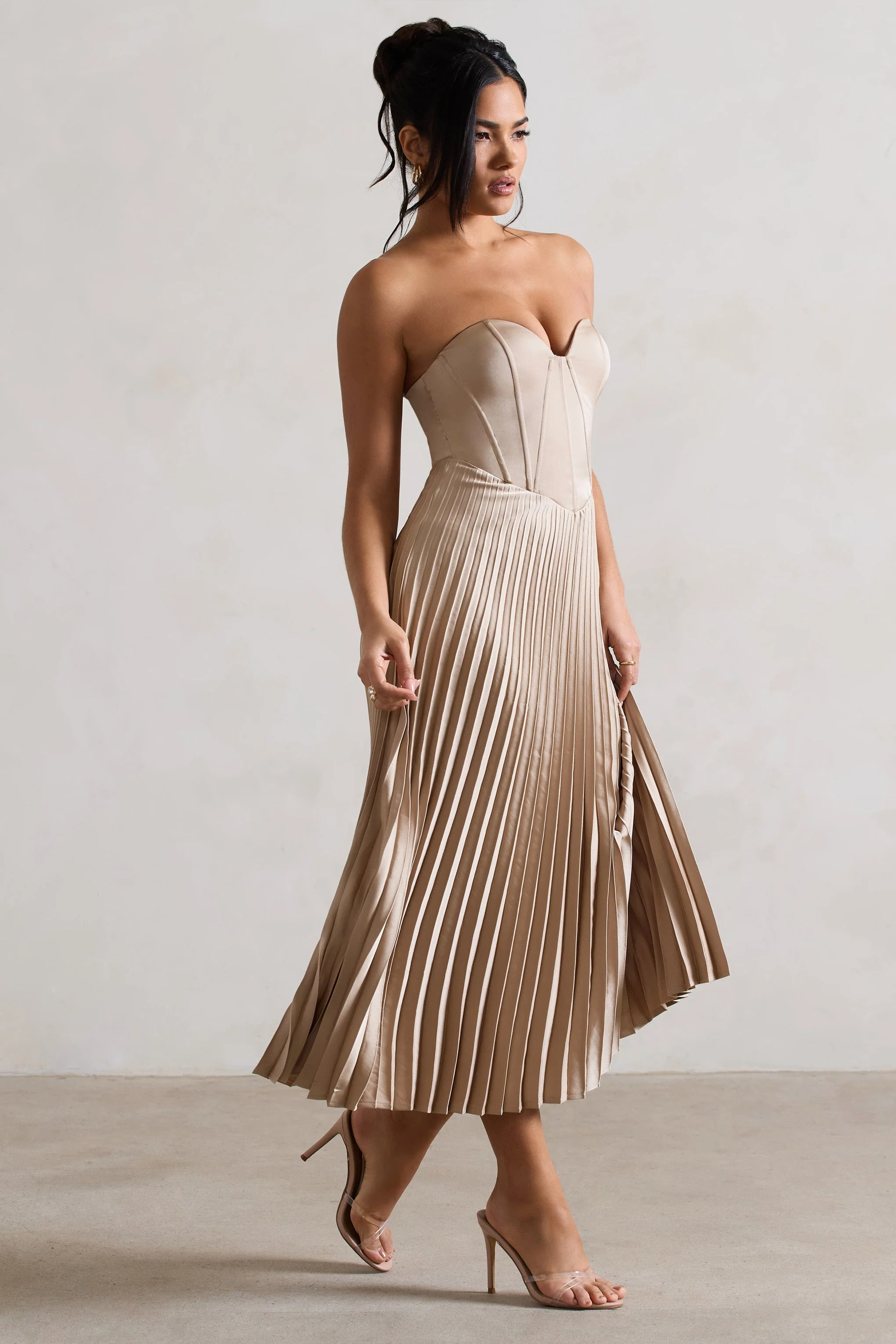 Bordeaux | Champagne Satin Corset Style Midi Dress - Image 5