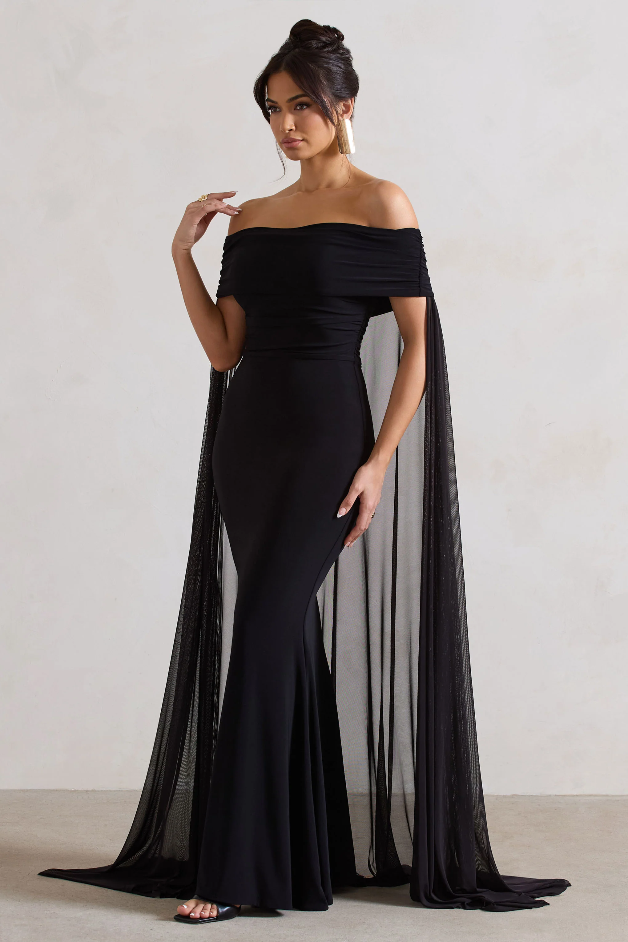Carlotta | Black Bardot Maxi Dress With Chiffon Cape - Image 5