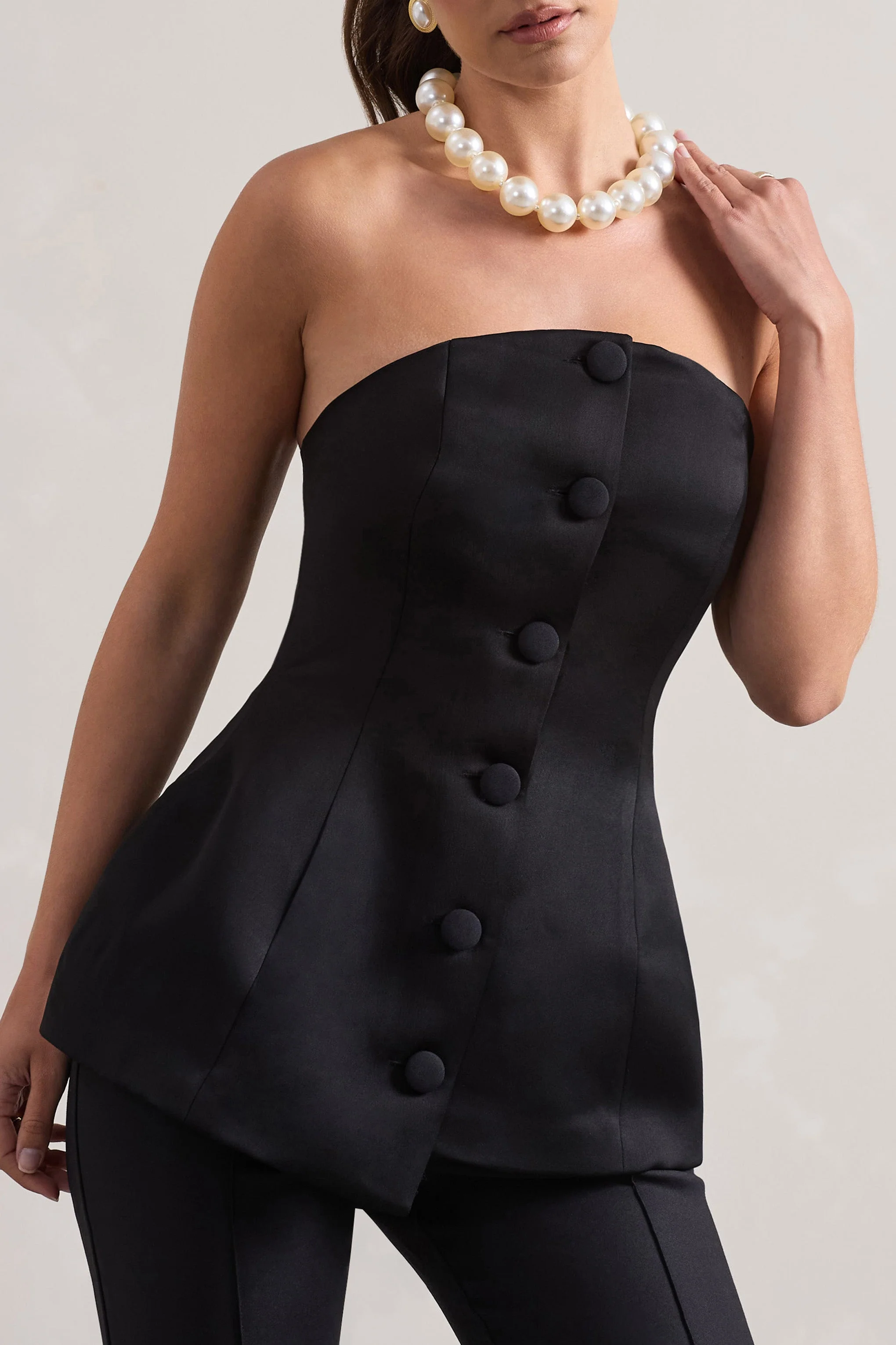 Century | Black Satin Strapless Button Front Corset Top - Image 3