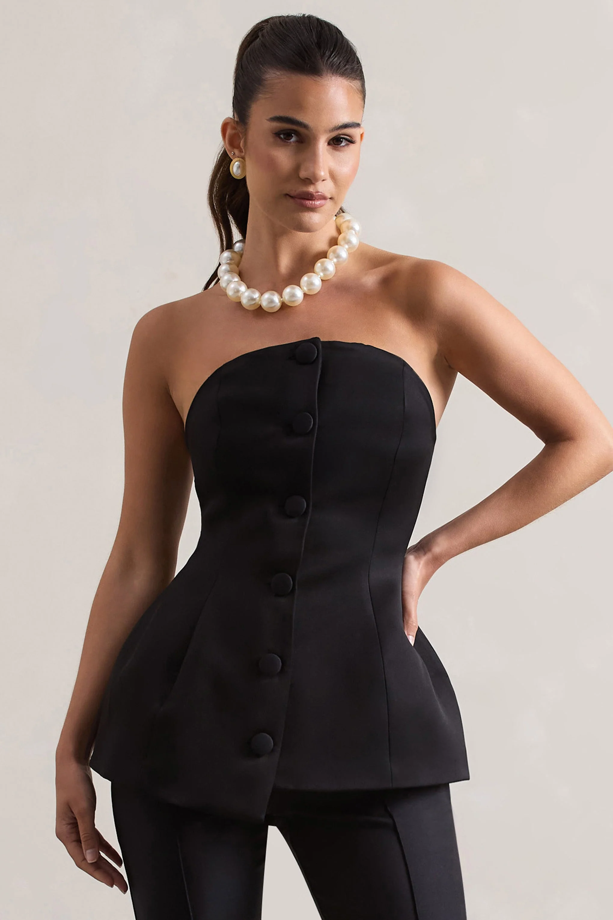 Century | Black Satin Strapless Button Front Corset Top - Image 4