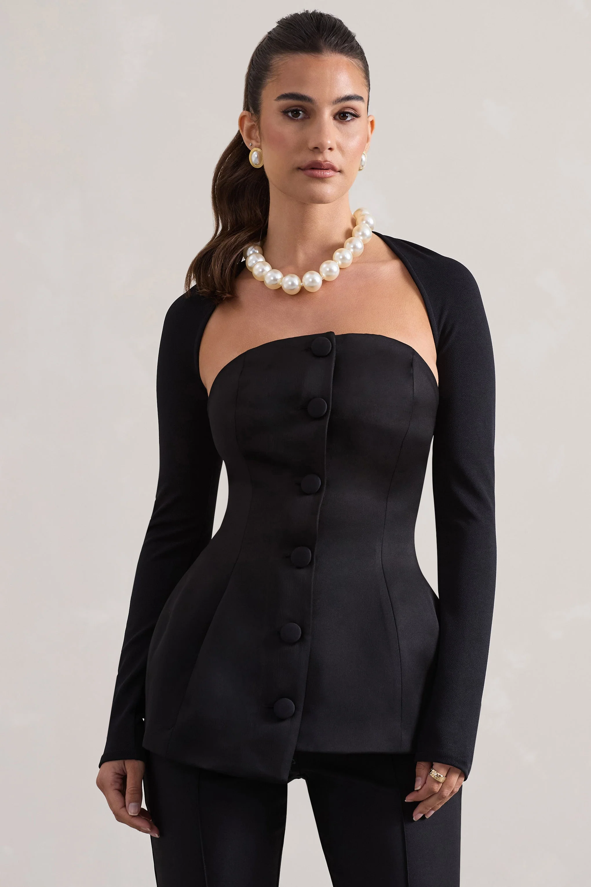 Century | Black Satin Strapless Button Front Corset Top - Image 5