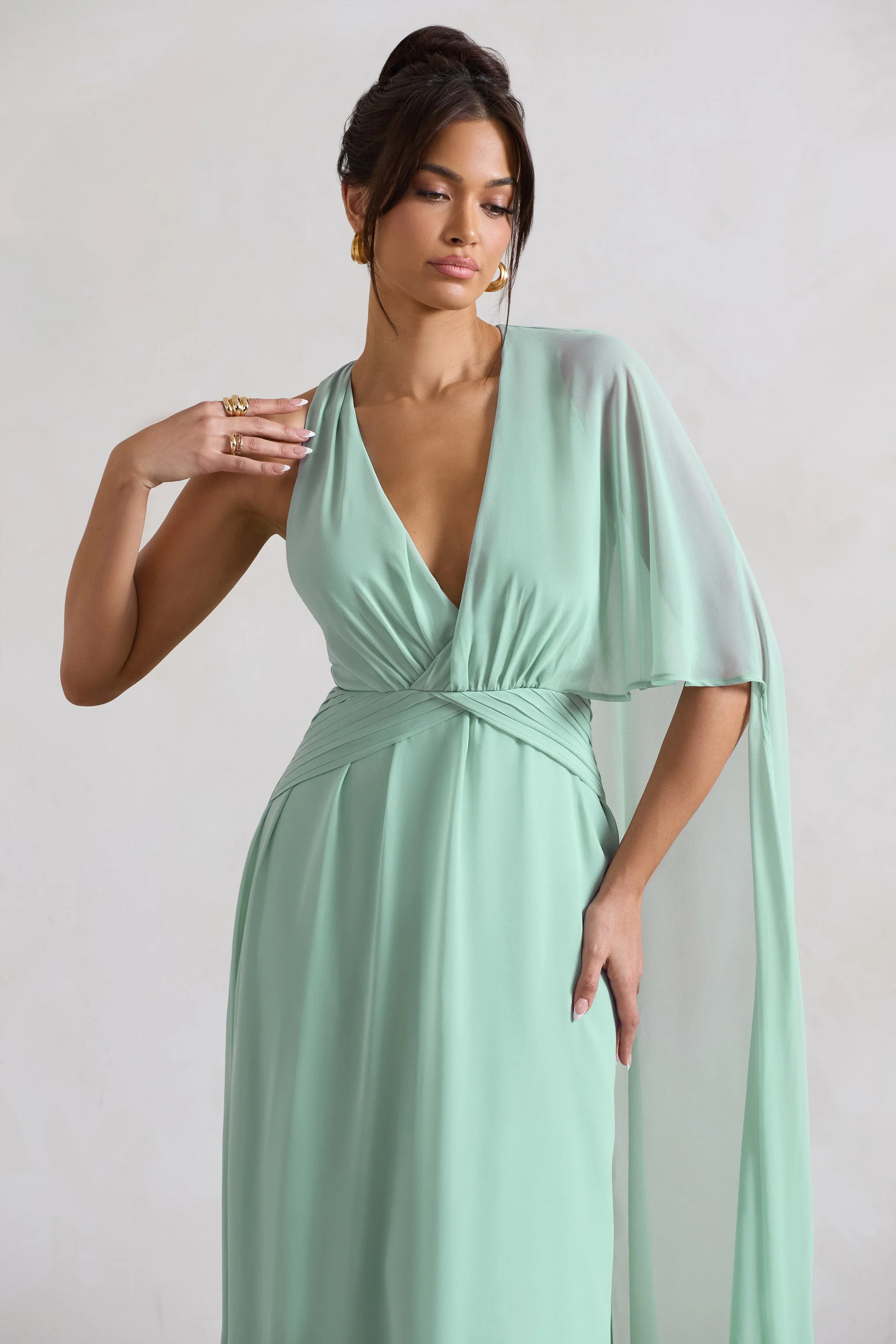 Fairytale | Sage Plunge-Neck Chiffon Maxi Dress With Cape Sleeve - Image 3