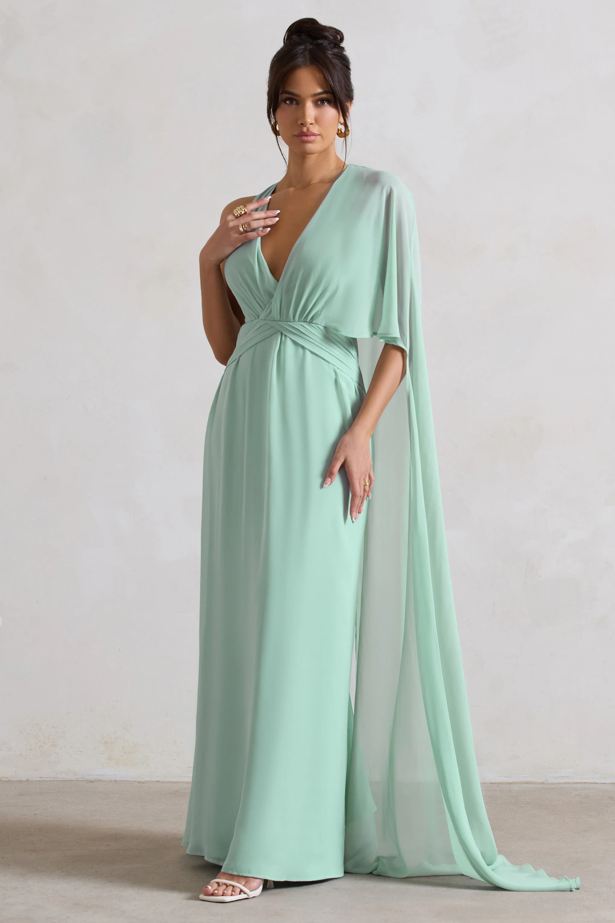 Fairytale | Sage Plunge-Neck Chiffon Maxi Dress With Cape Sleeve - Image 4