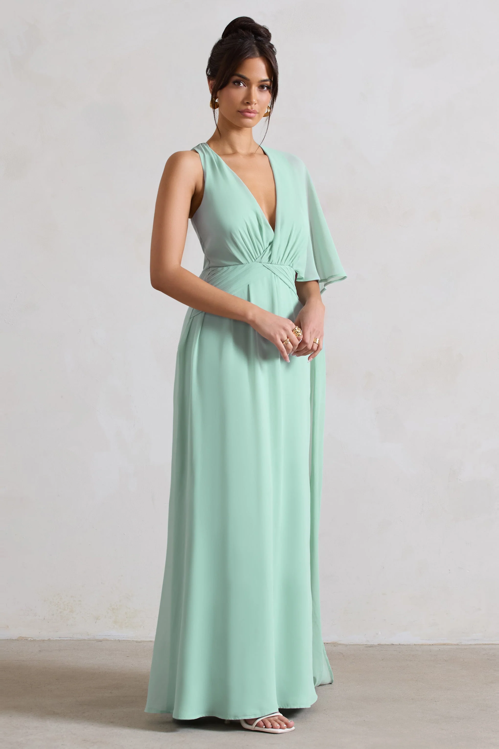 Fairytale | Sage Plunge-Neck Chiffon Maxi Dress With Cape Sleeve - Image 5