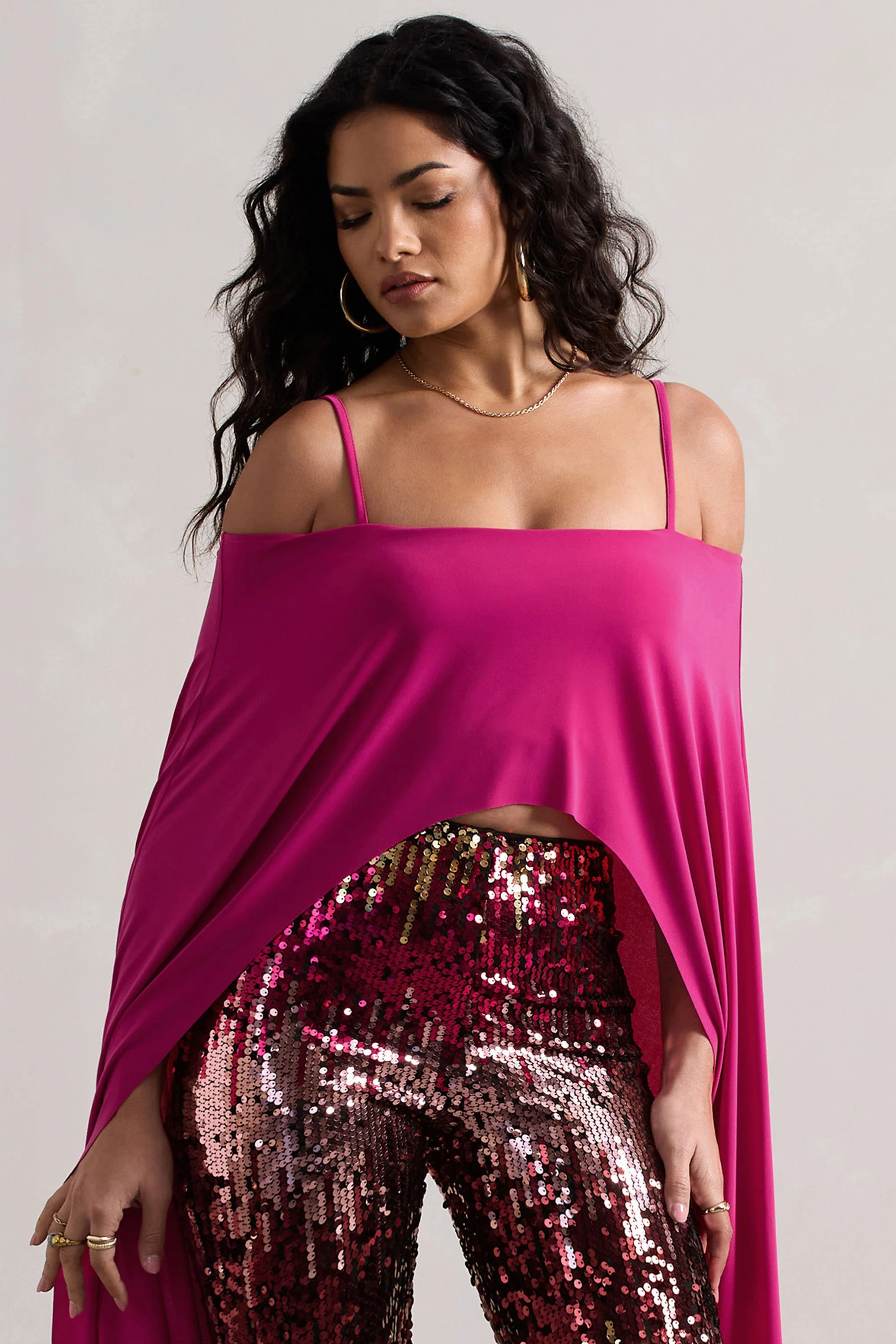 Floyd | Dark Pink Bardot Cape Sleeve Crop Top - Image 4