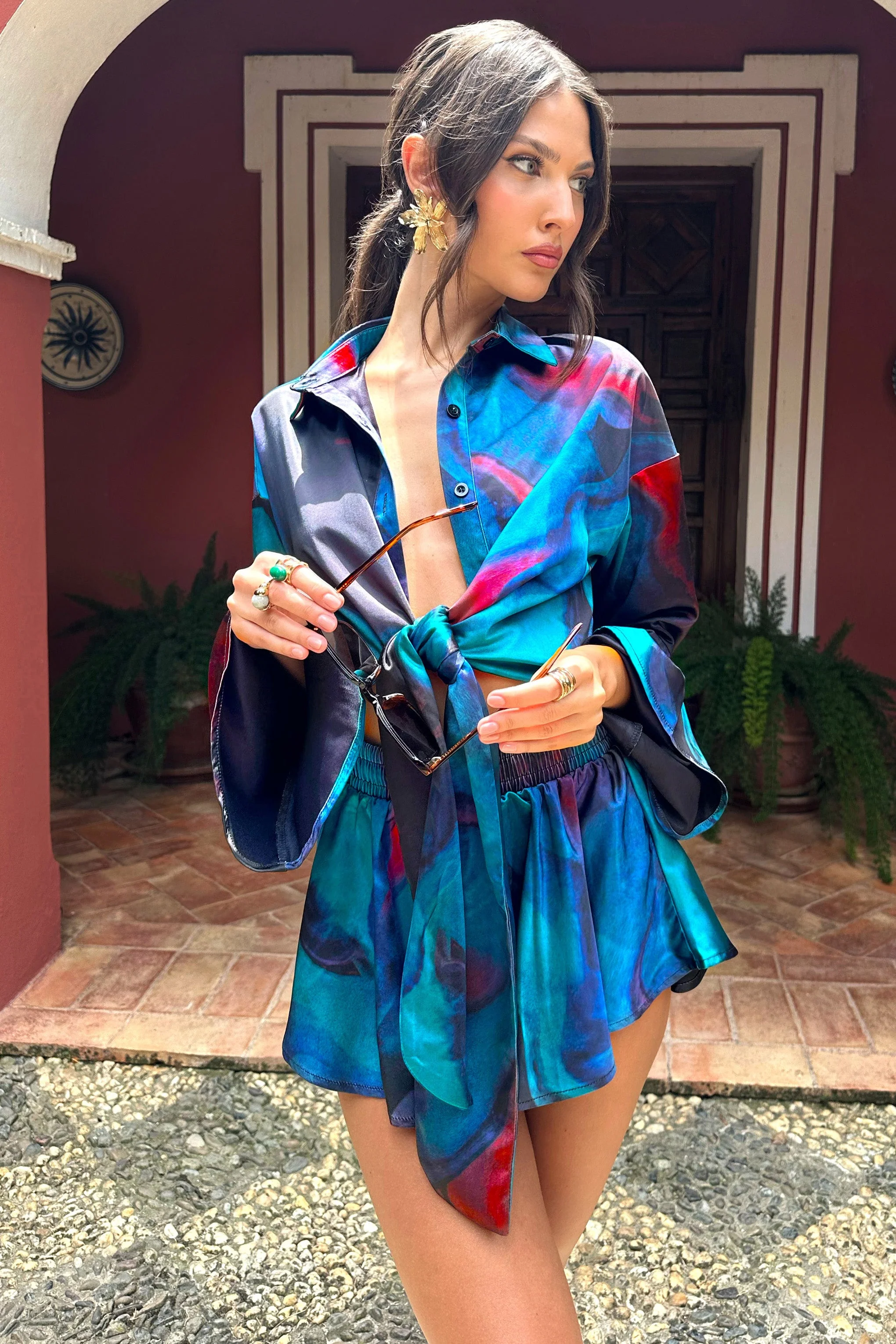 Keep Trying | Blue Print Satin Tie Waist Shorts - Image 3