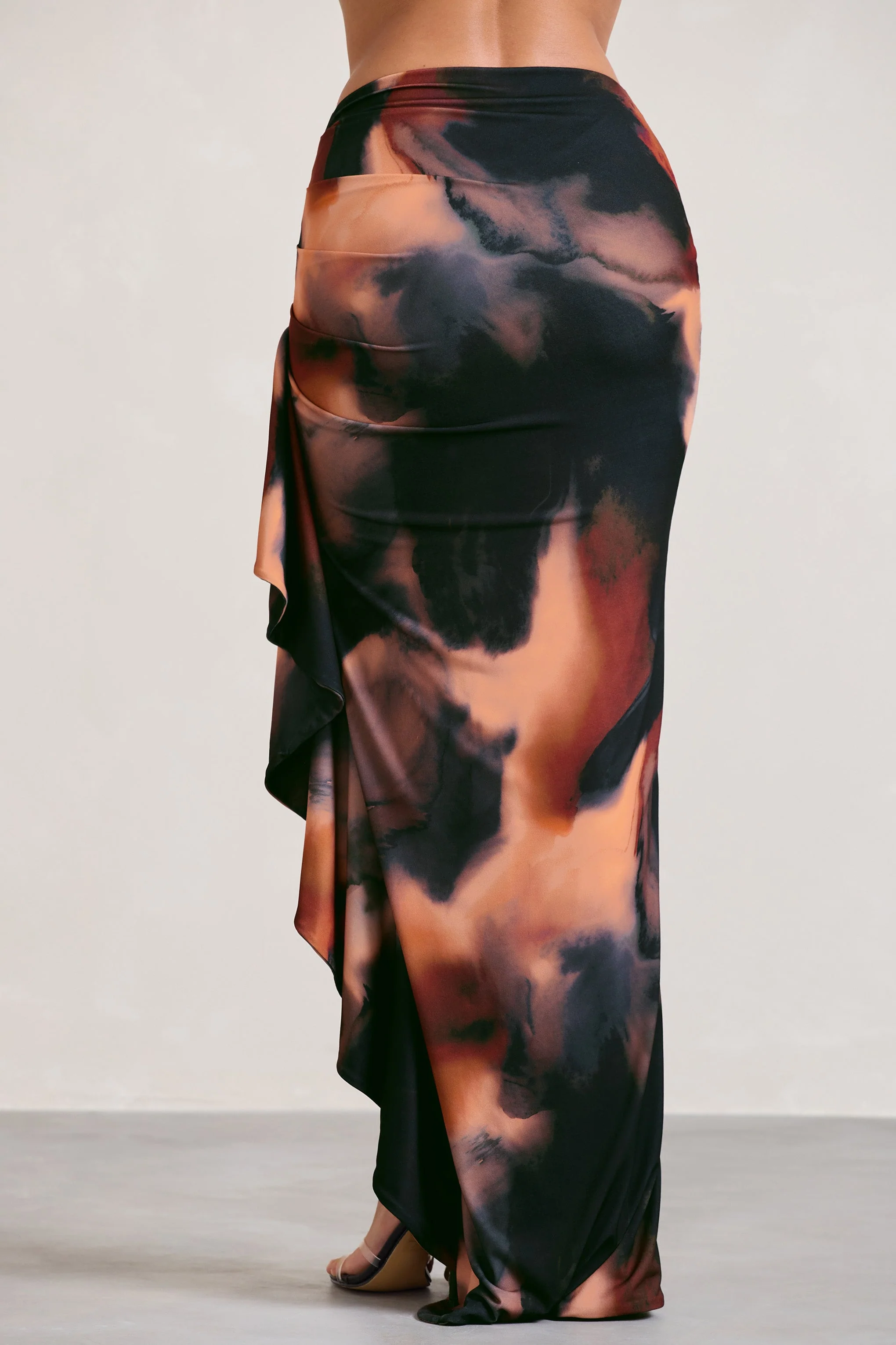 La Belle | Orange Smoke Print Ruffle Maxi Skirt With Thigh Split - Image 4