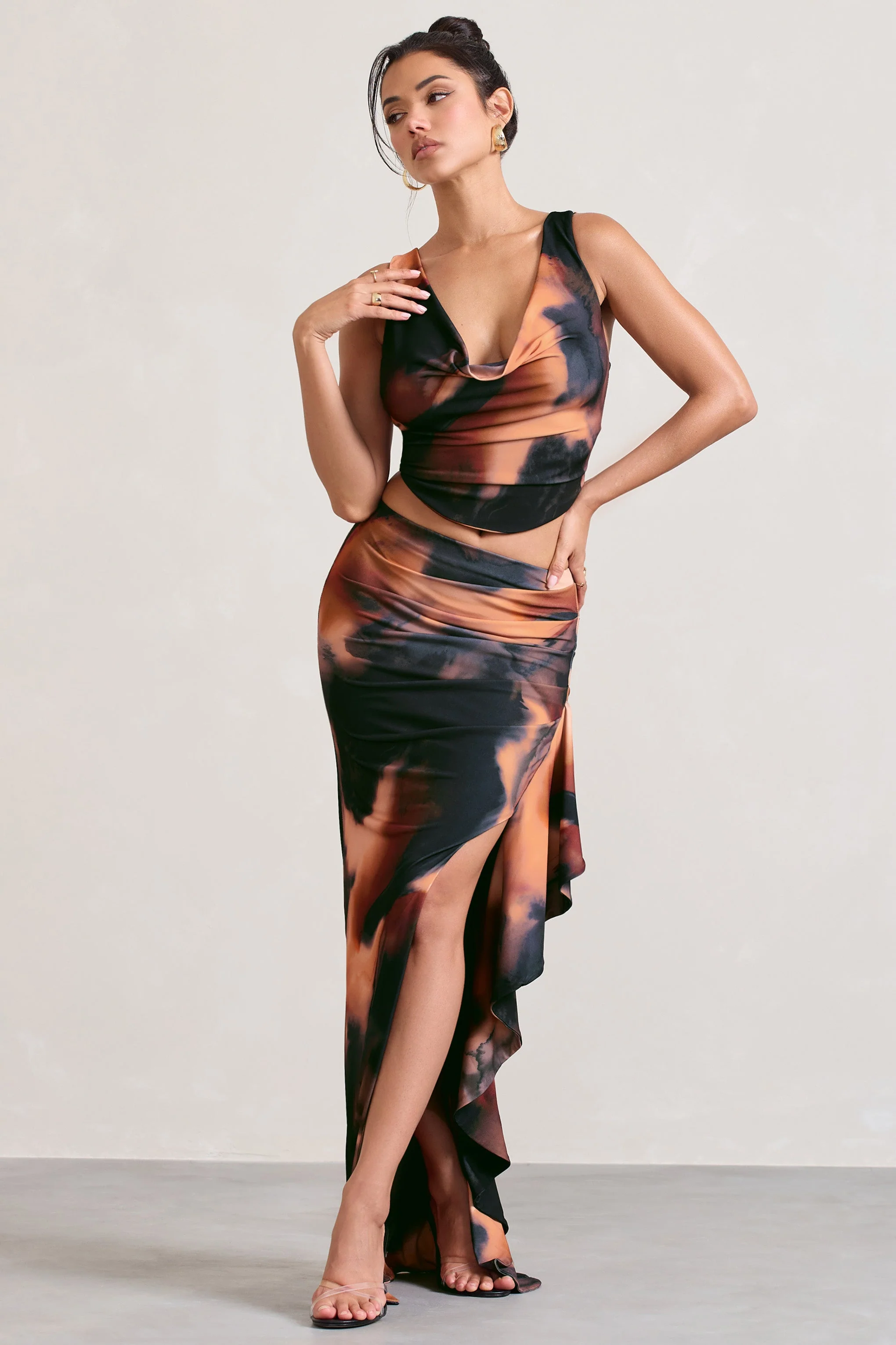 La Belle | Orange Smoke Print Ruffle Maxi Skirt With Thigh Split - Image 5