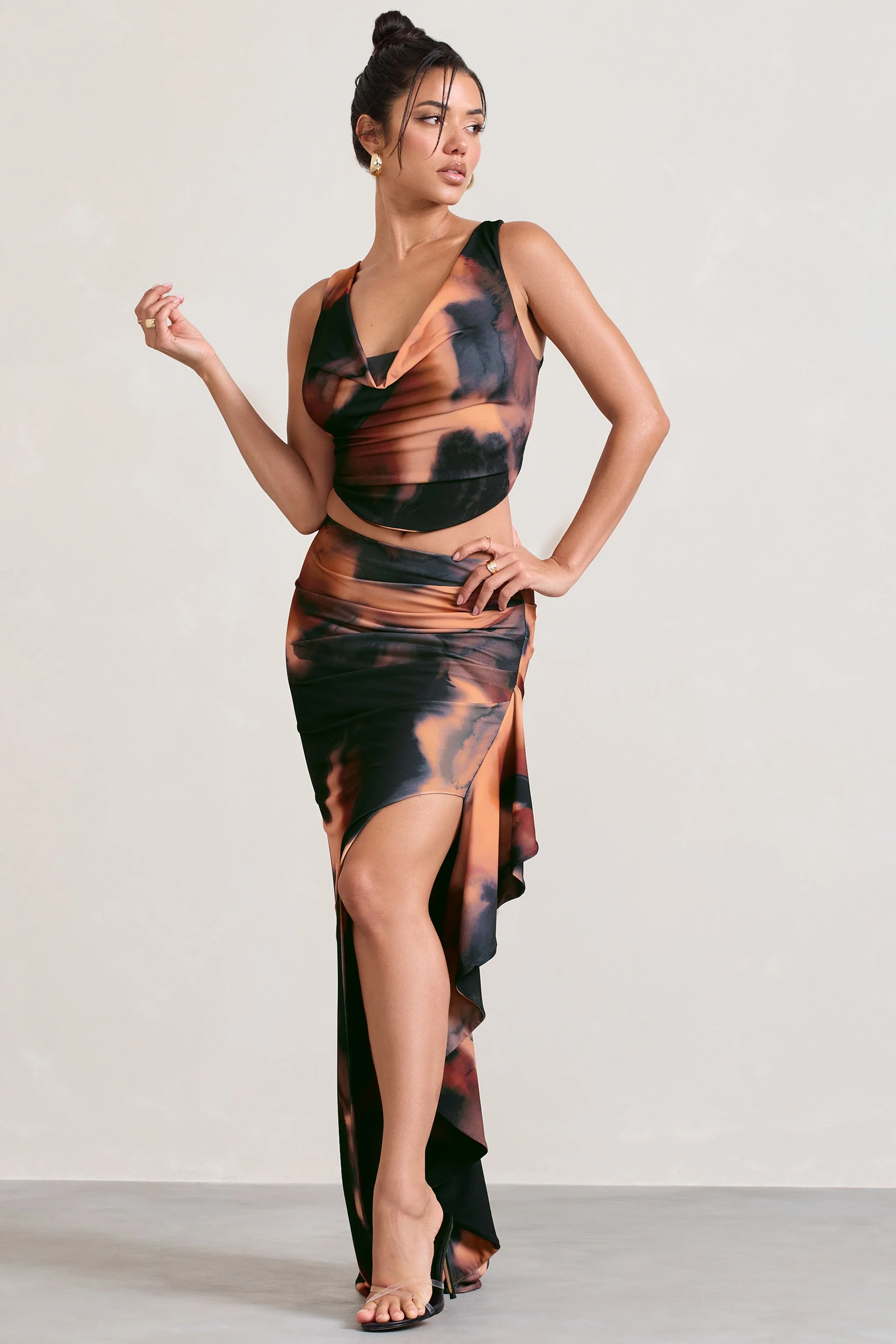 La Belle | Orange Smoke Print Ruffle Maxi Skirt With Thigh Split - Image 6