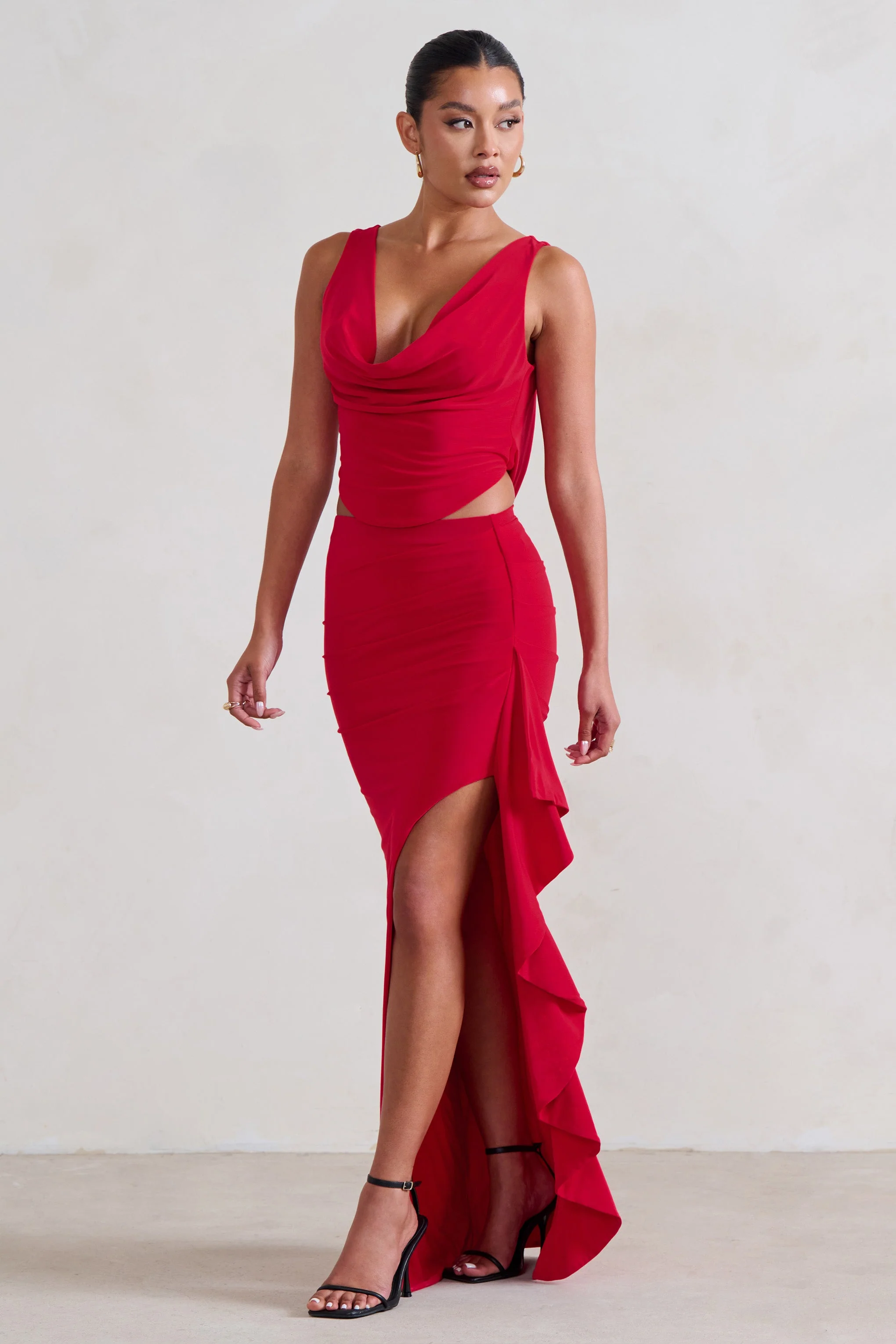 La Belle | Red Ruffle Maxi Skirt With Thigh Split - Image 5