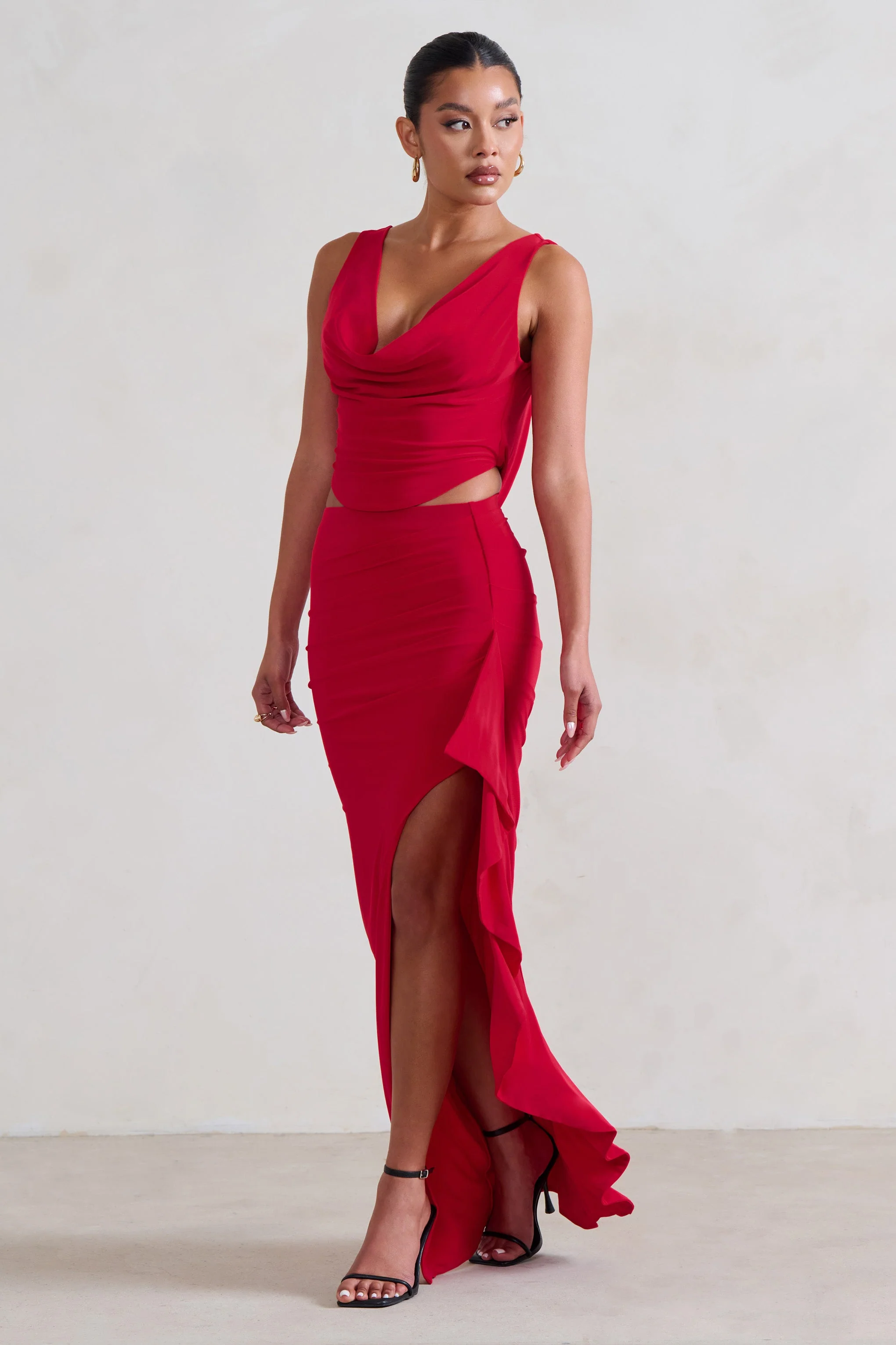 La Belle | Red Ruffle Maxi Skirt With Thigh Split - Image 6