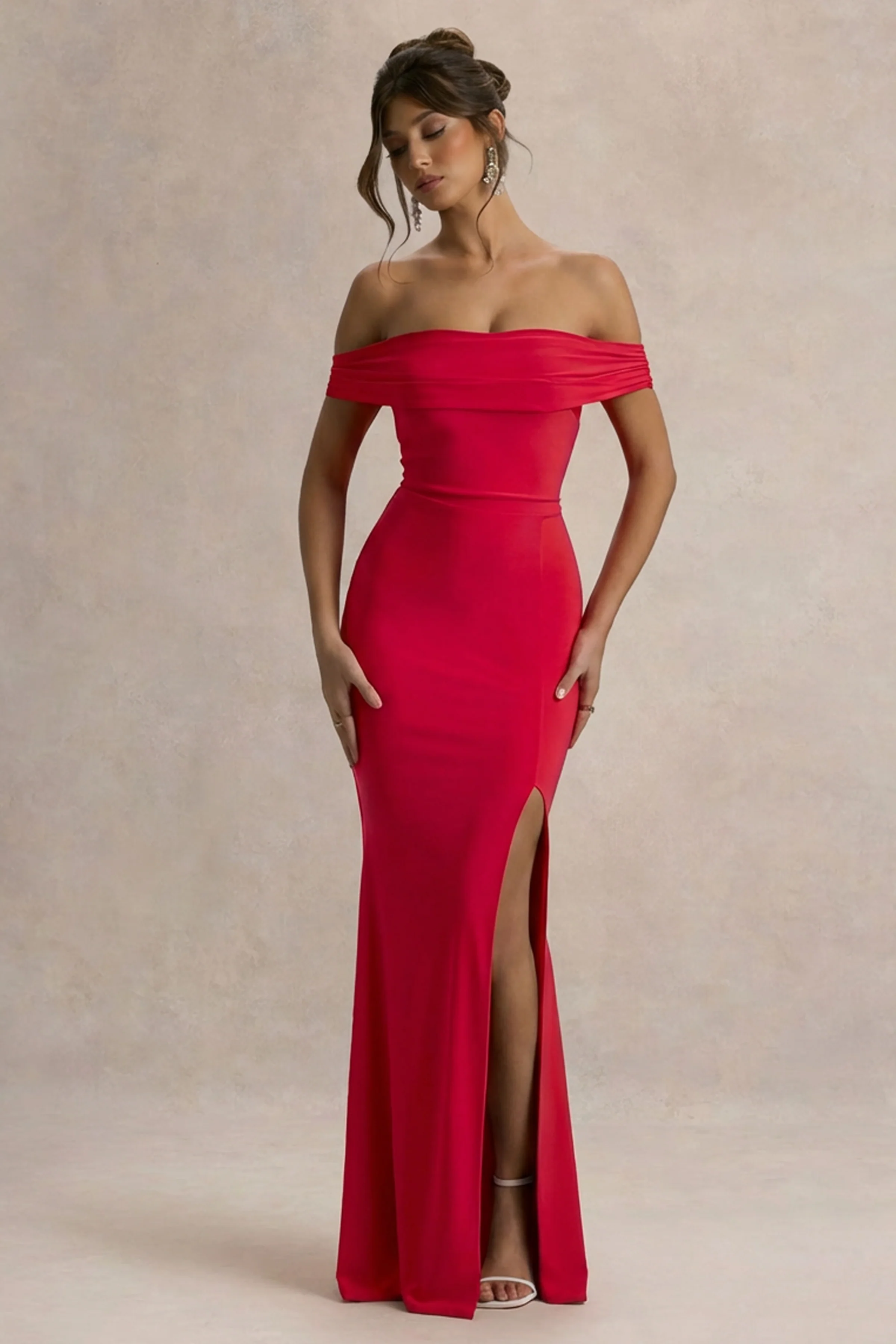 Law of Attraction | Red Bardot Draped Split Maxi Dress - Image 4