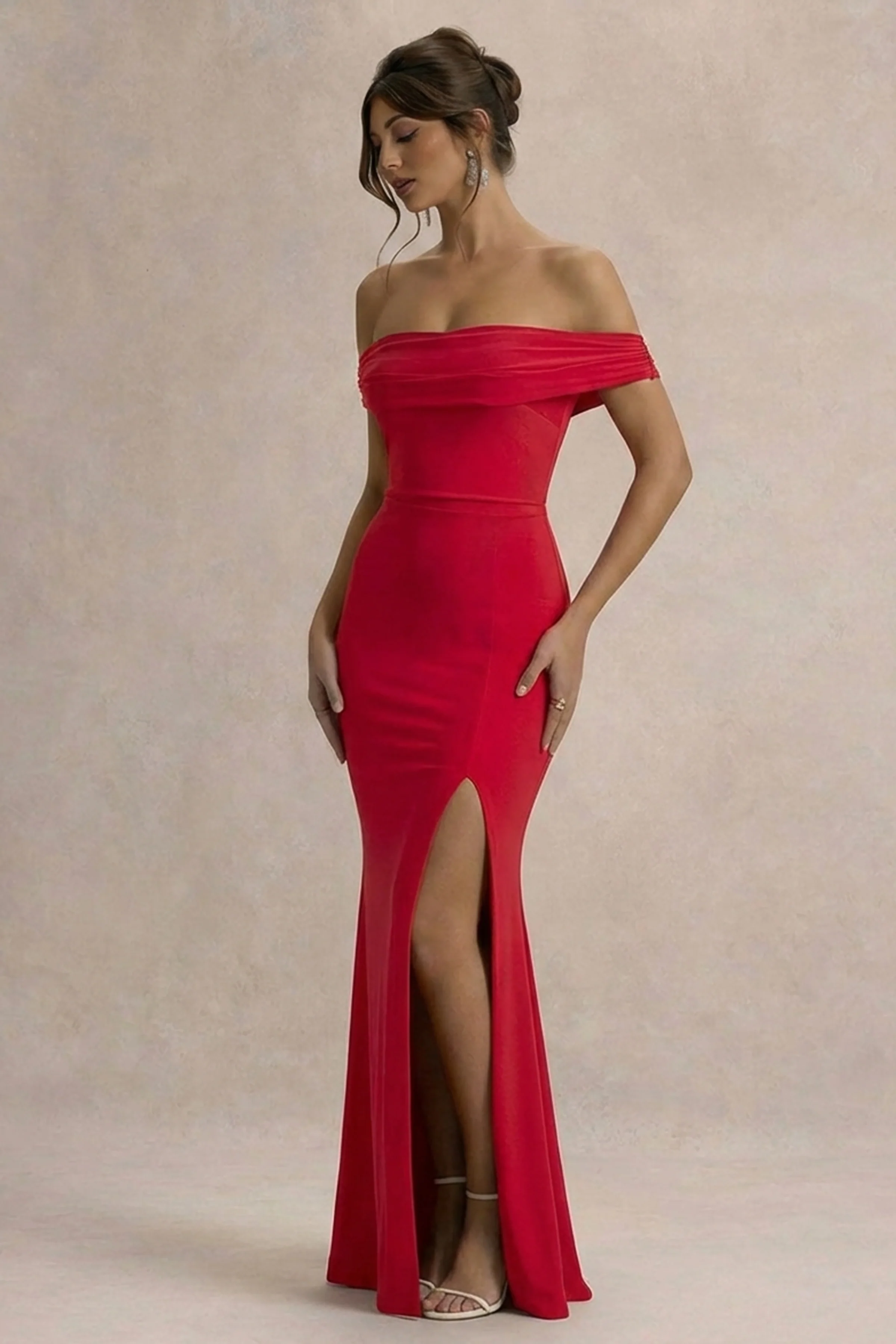 Law of Attraction | Red Bardot Draped Split Maxi Dress - Image 5