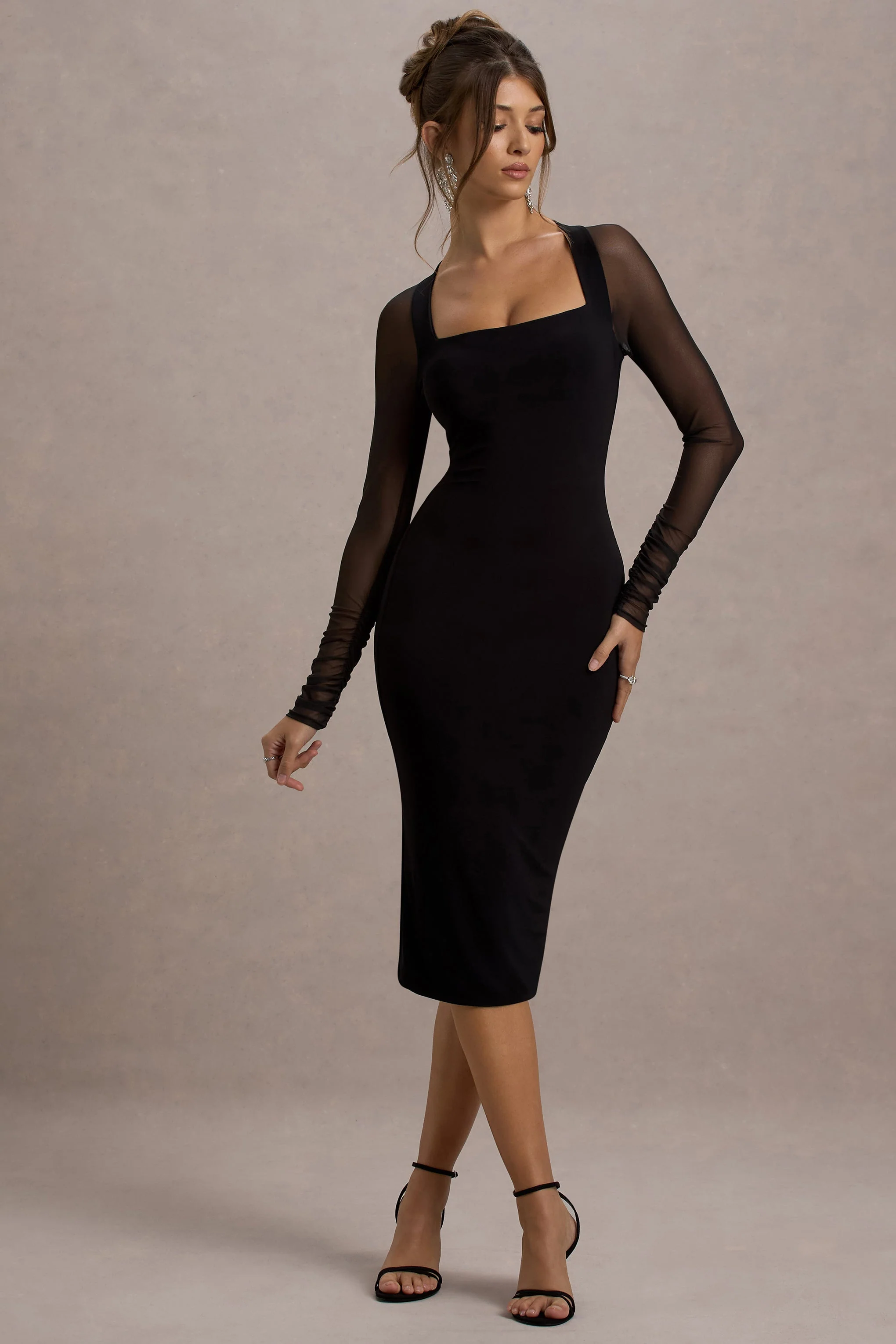 Off Track | Black Bodycon Midi Dress With Sheer Sleeves - Image 6