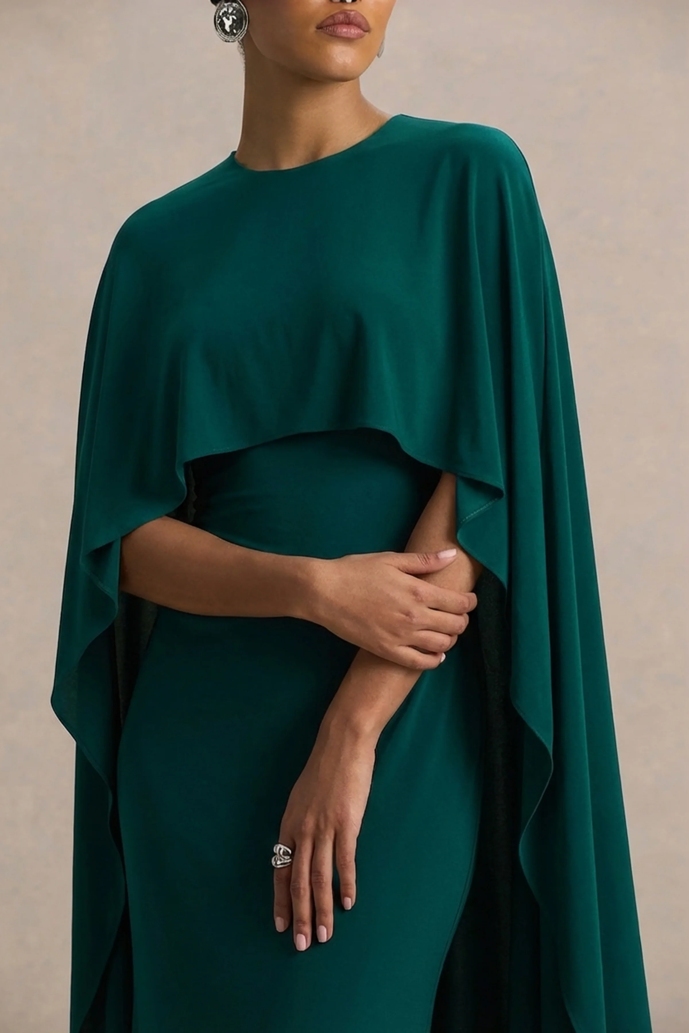 Padma | Bottle Green Draped Maxi Dress With Cape Sleeves - Image 3