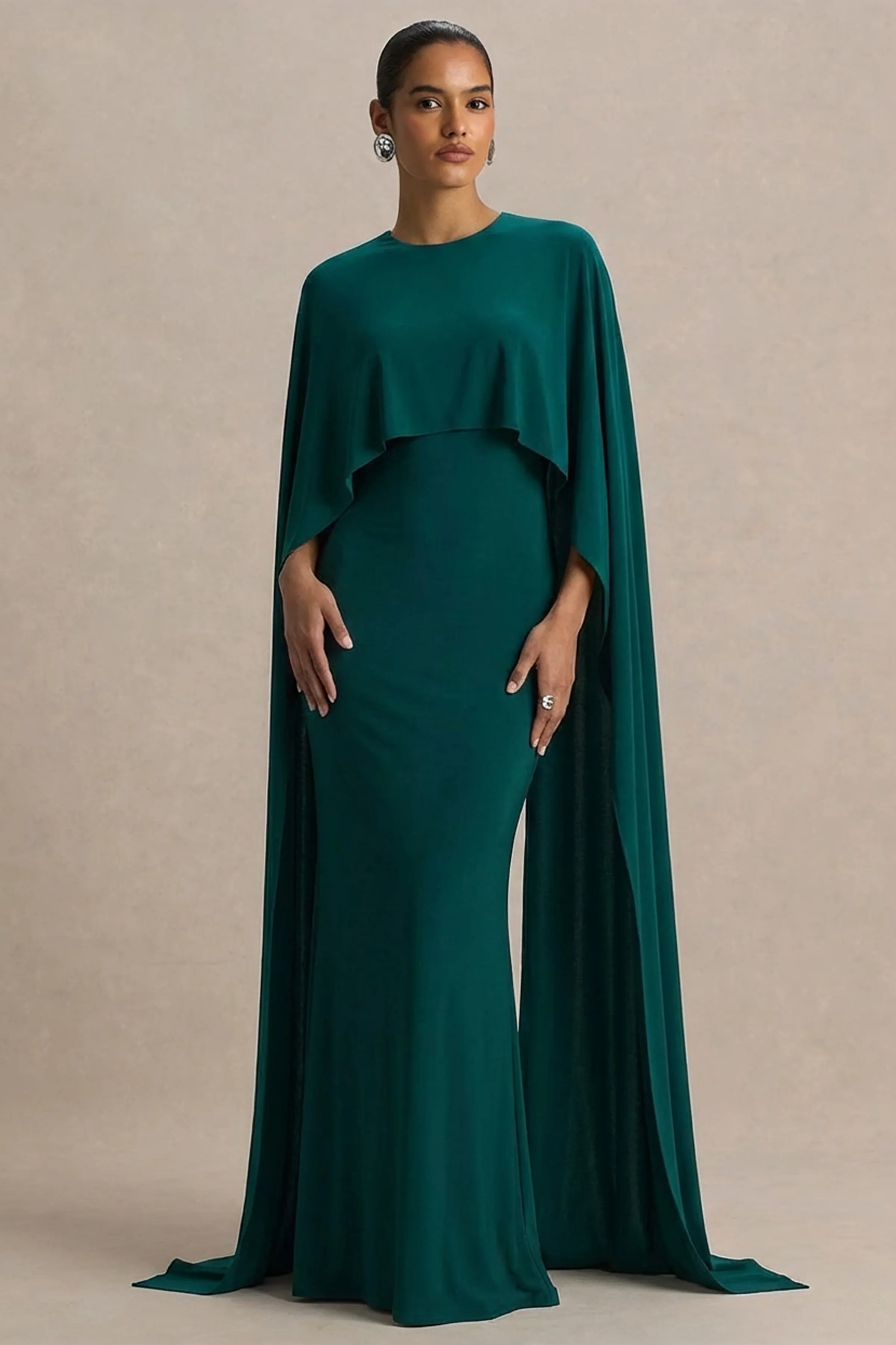 Padma | Bottle Green Draped Maxi Dress With Cape Sleeves - Image 4