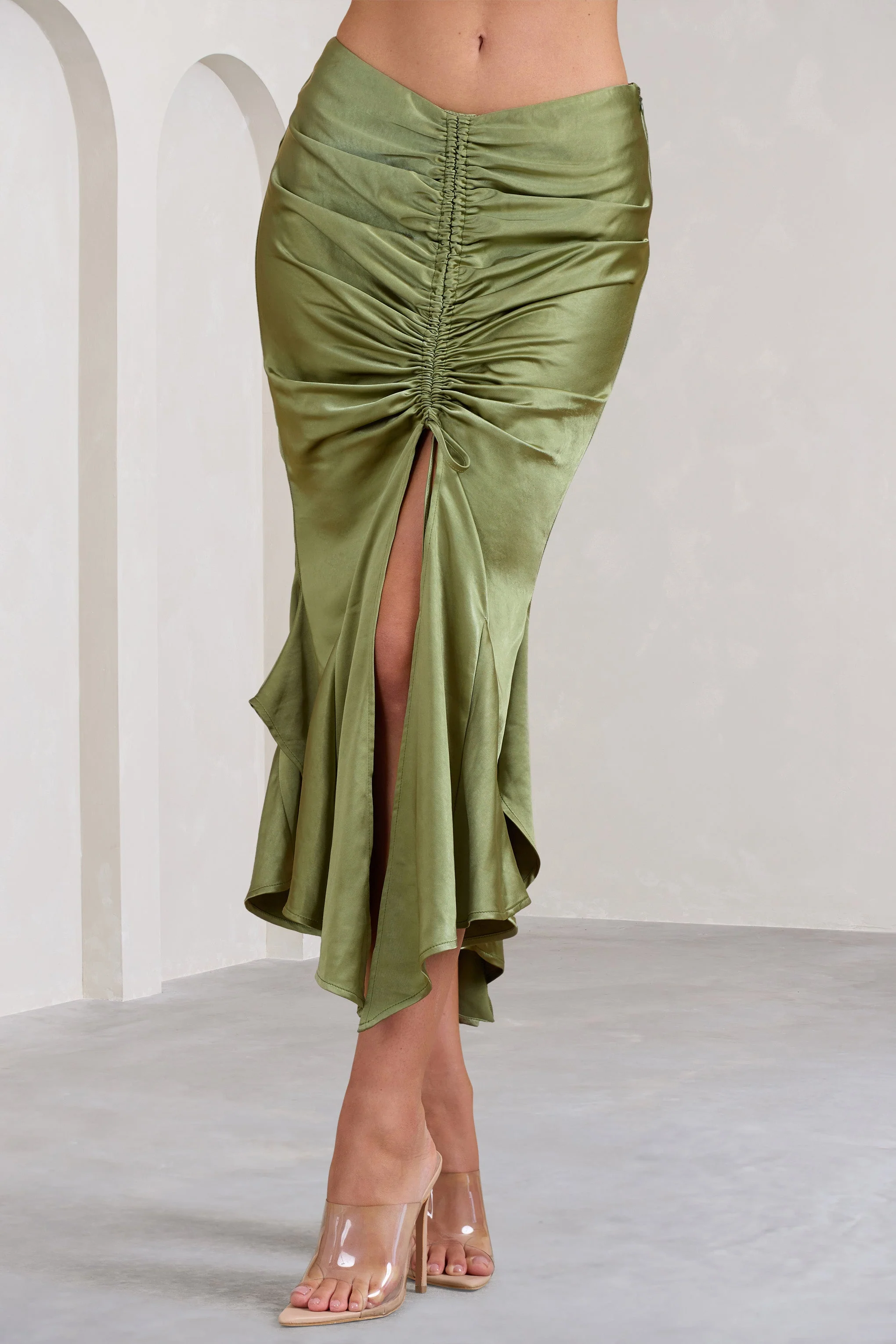 Per Favore | Olive Satin Ruched Split Maxi Skirt - Image 3