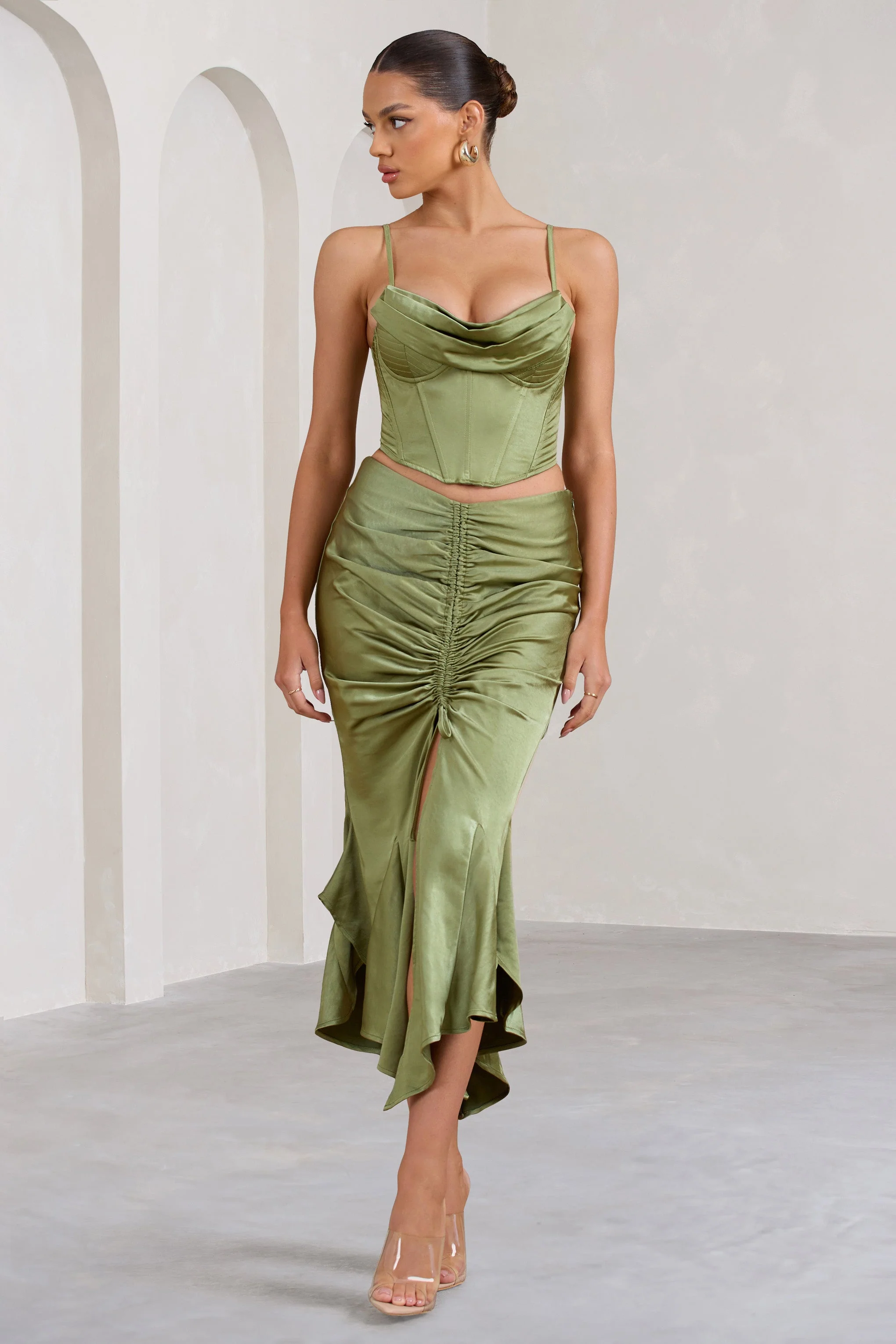 Per Favore | Olive Satin Ruched Split Maxi Skirt - Image 4