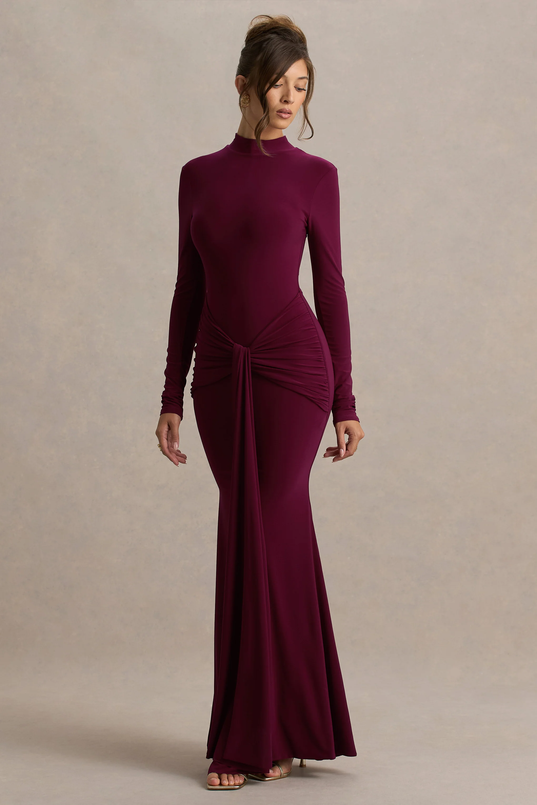 Pietra | Berry High-Neck Long Sleeve Knot Maxi Dress - Image 3