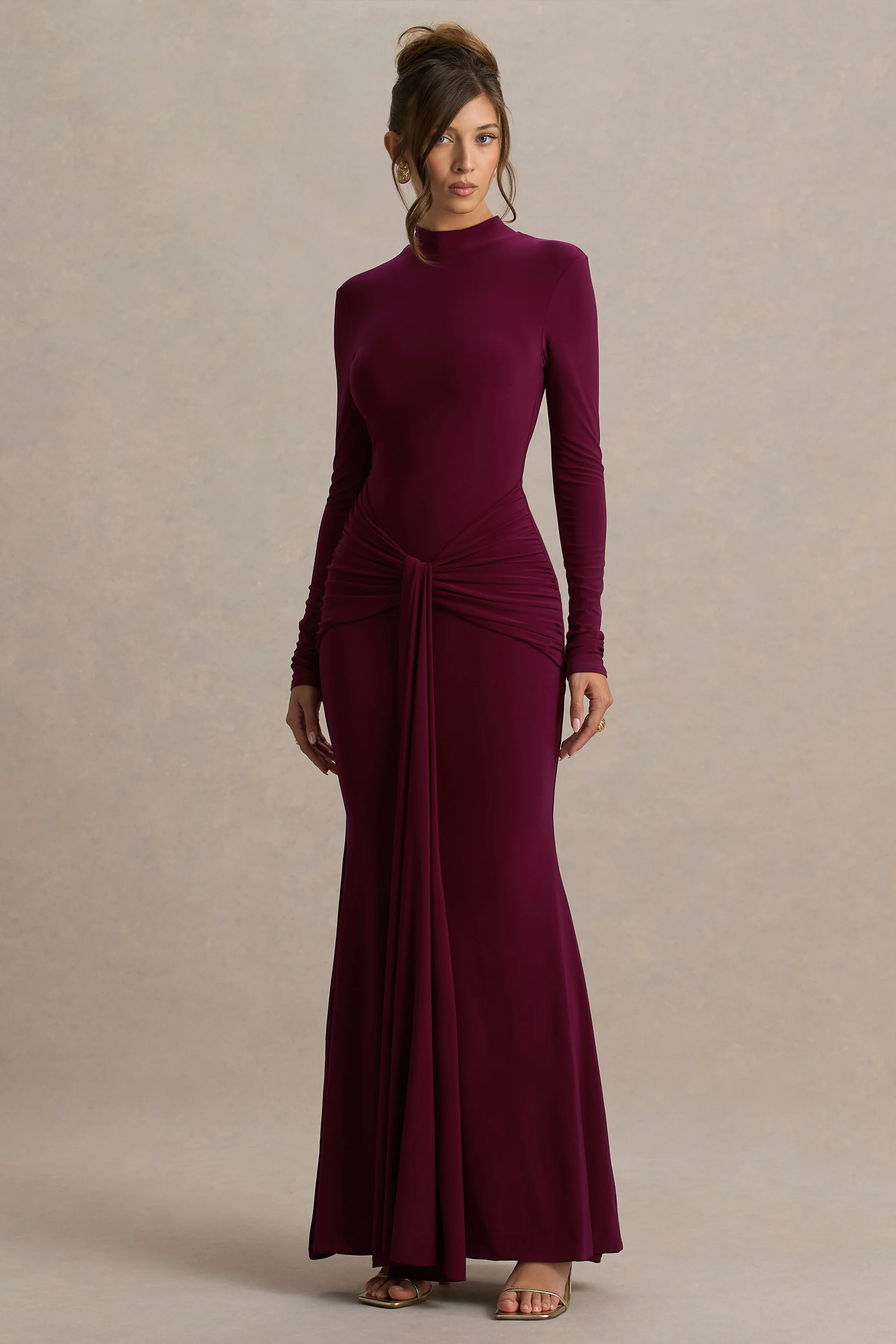 Pietra | Berry High-Neck Long Sleeve Knot Maxi Dress - Image 4