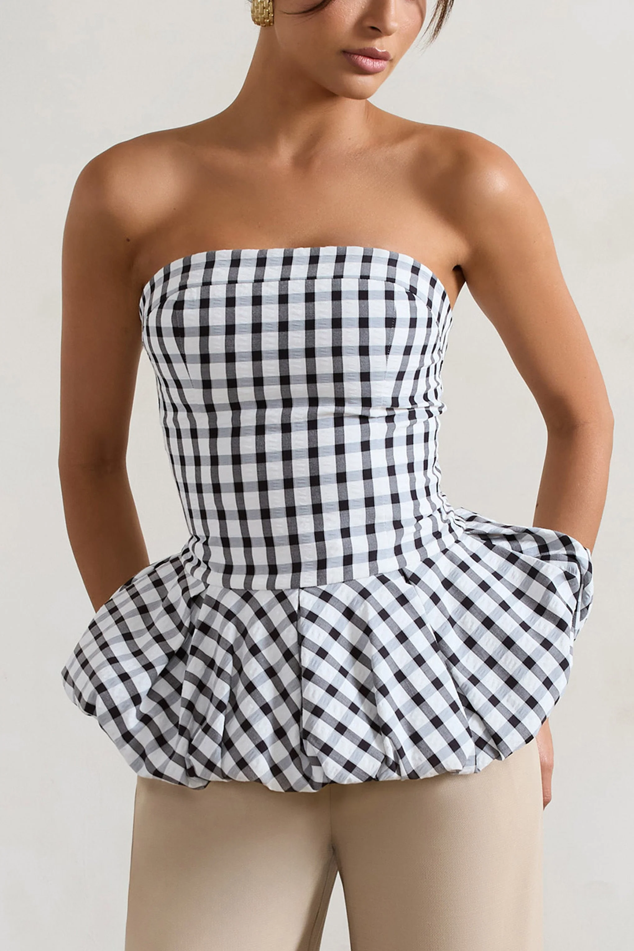 Roll With It | Black & White Gingham Bandeau Ruffle Top - Image 3