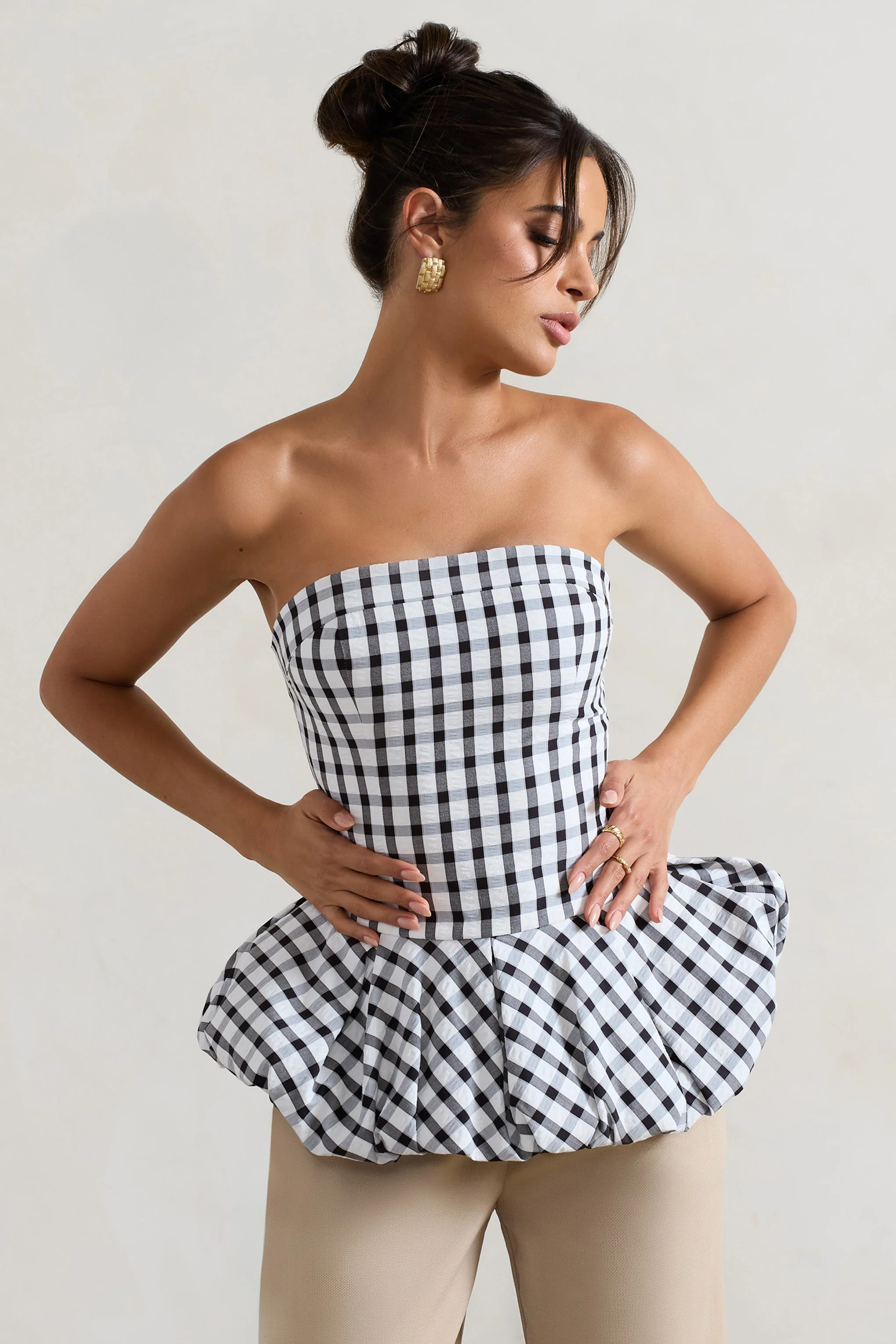 Roll With It | Black & White Gingham Bandeau Ruffle Top - Image 4