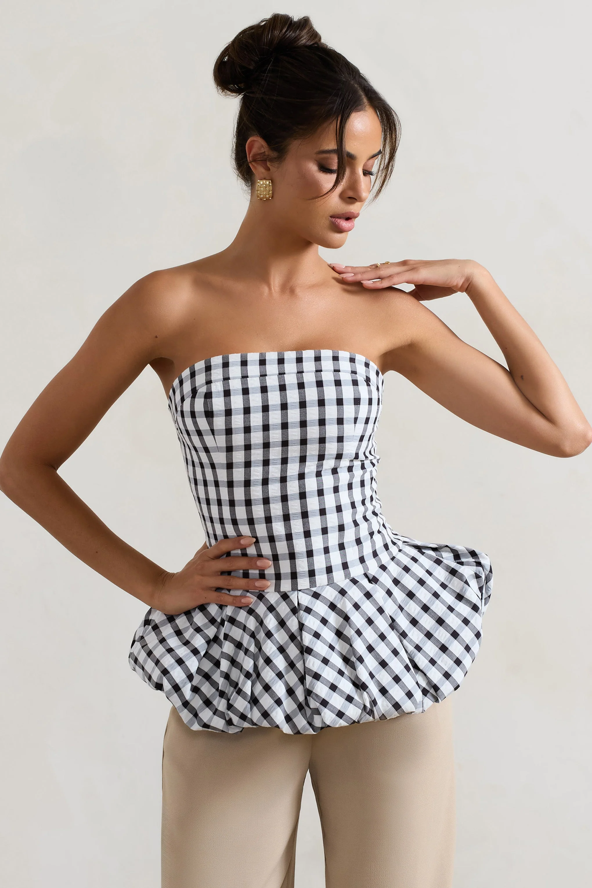 Roll With It | Black & White Gingham Bandeau Ruffle Top - Image 5