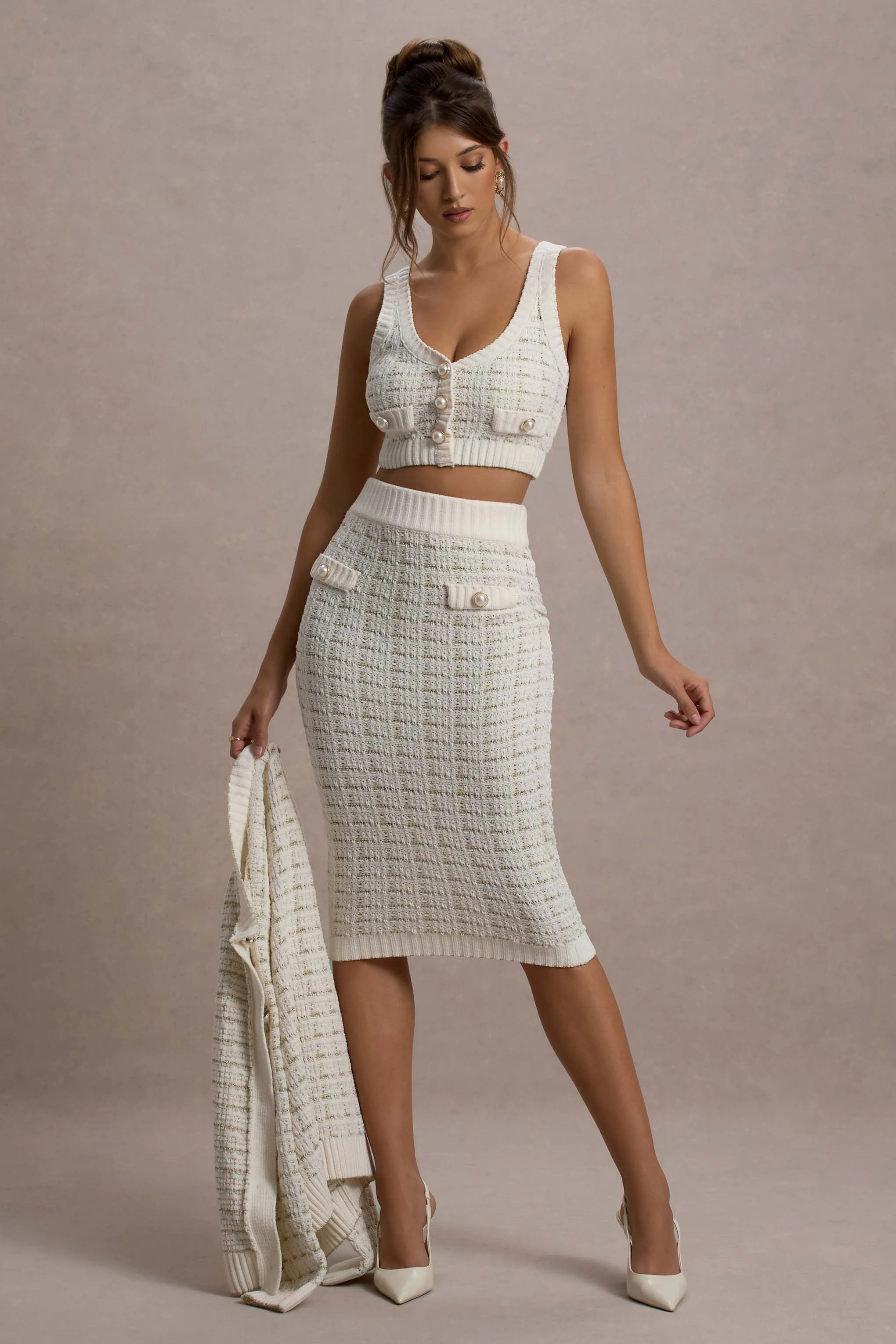 Stellina | Cream Boucle High-Waist Bodycon Midi Skirt - Image 4