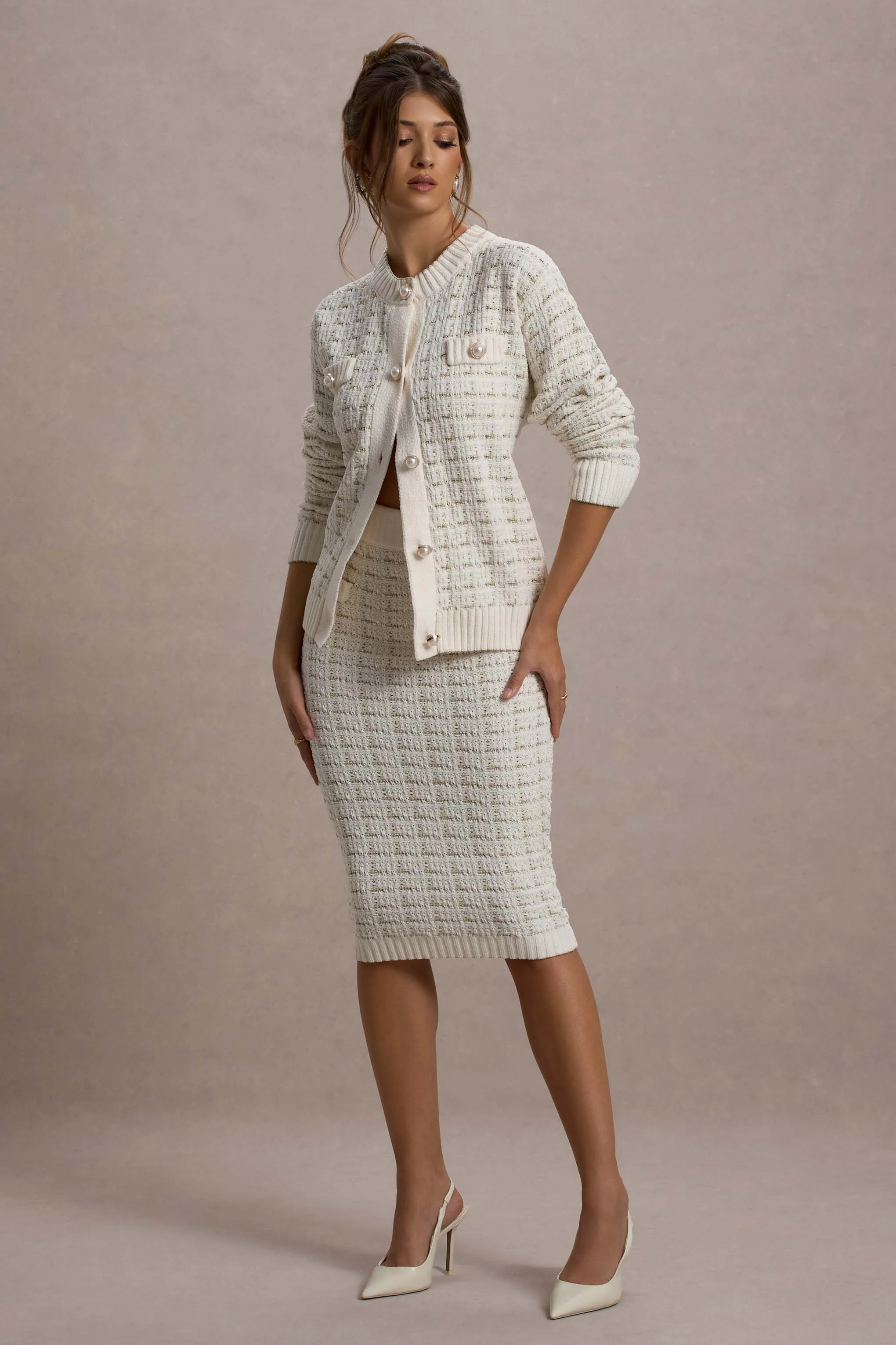 Stellina | Cream Boucle High-Waist Bodycon Midi Skirt - Image 6