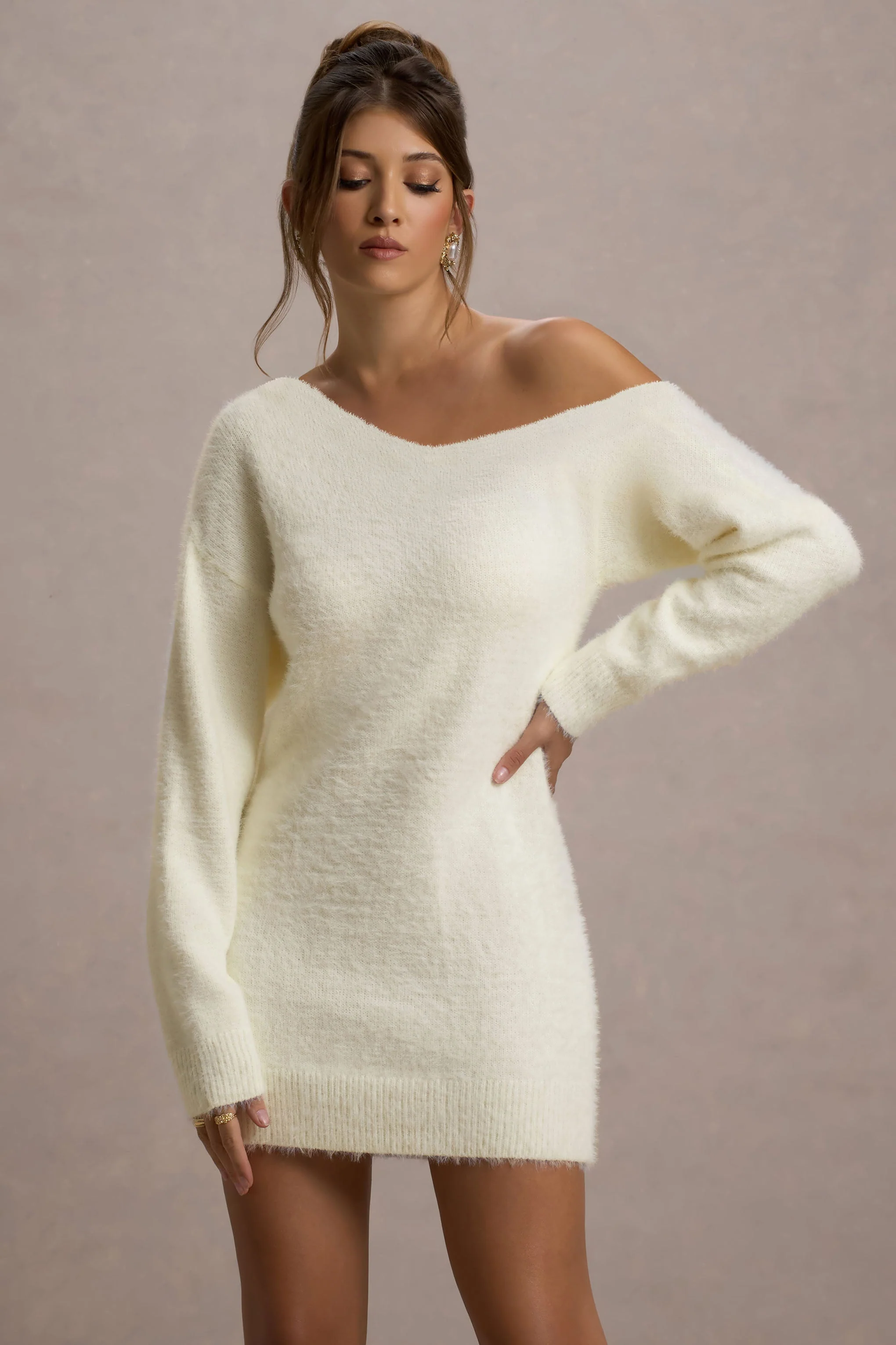 Terra | Cream Faux Mohair Oversized Mini Dress - Image 4