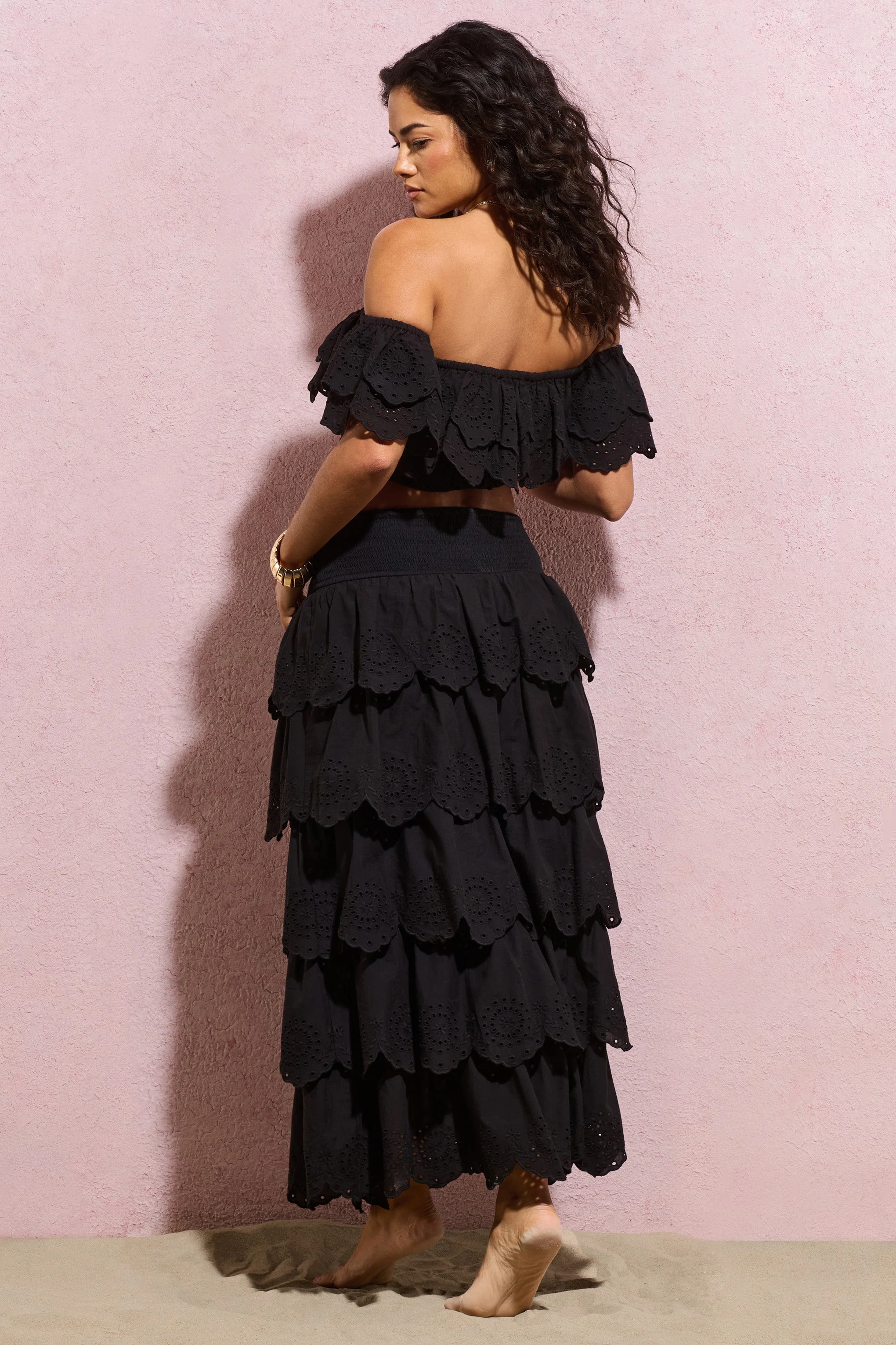 Vista | Black Broderie Ruffled Tiered Maxi Skirt - Image 4